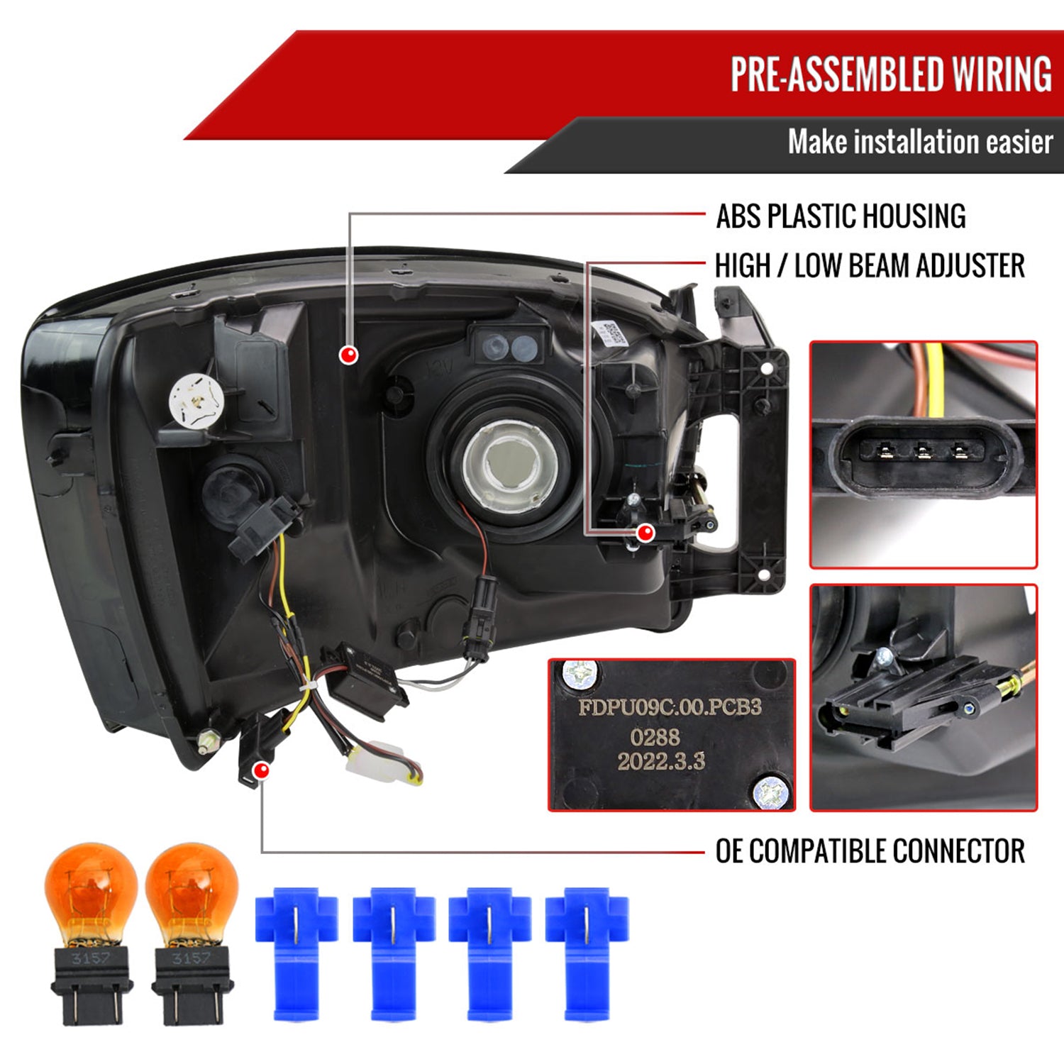 2006-2008 Dodge RAM 1500/ RAM 2500 3500 LED Factory Crystal Headlights Chrome