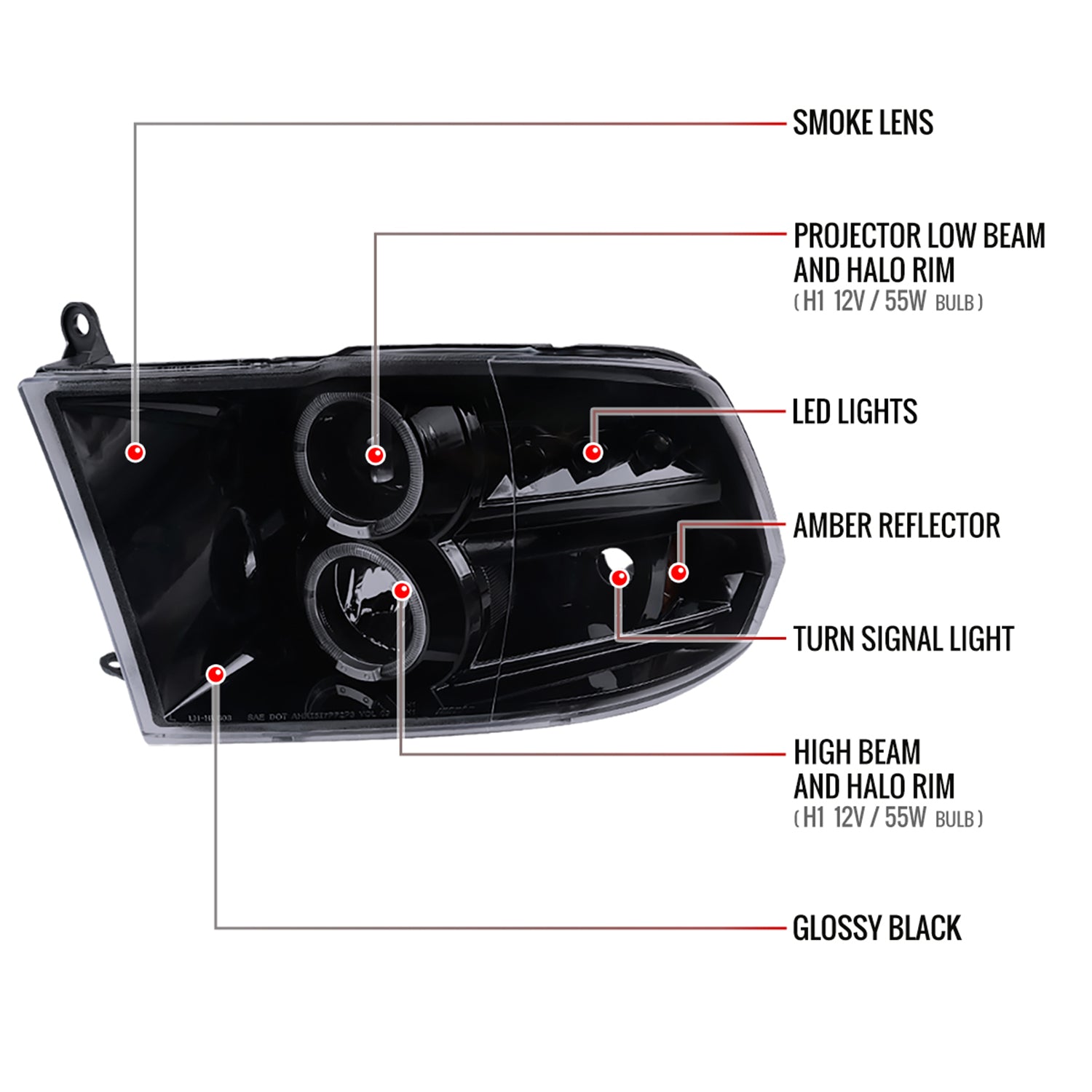 2009-2018 Dodge RAM 1500 / RAM 2500 3500 Dual Halo Headlights Smoke
