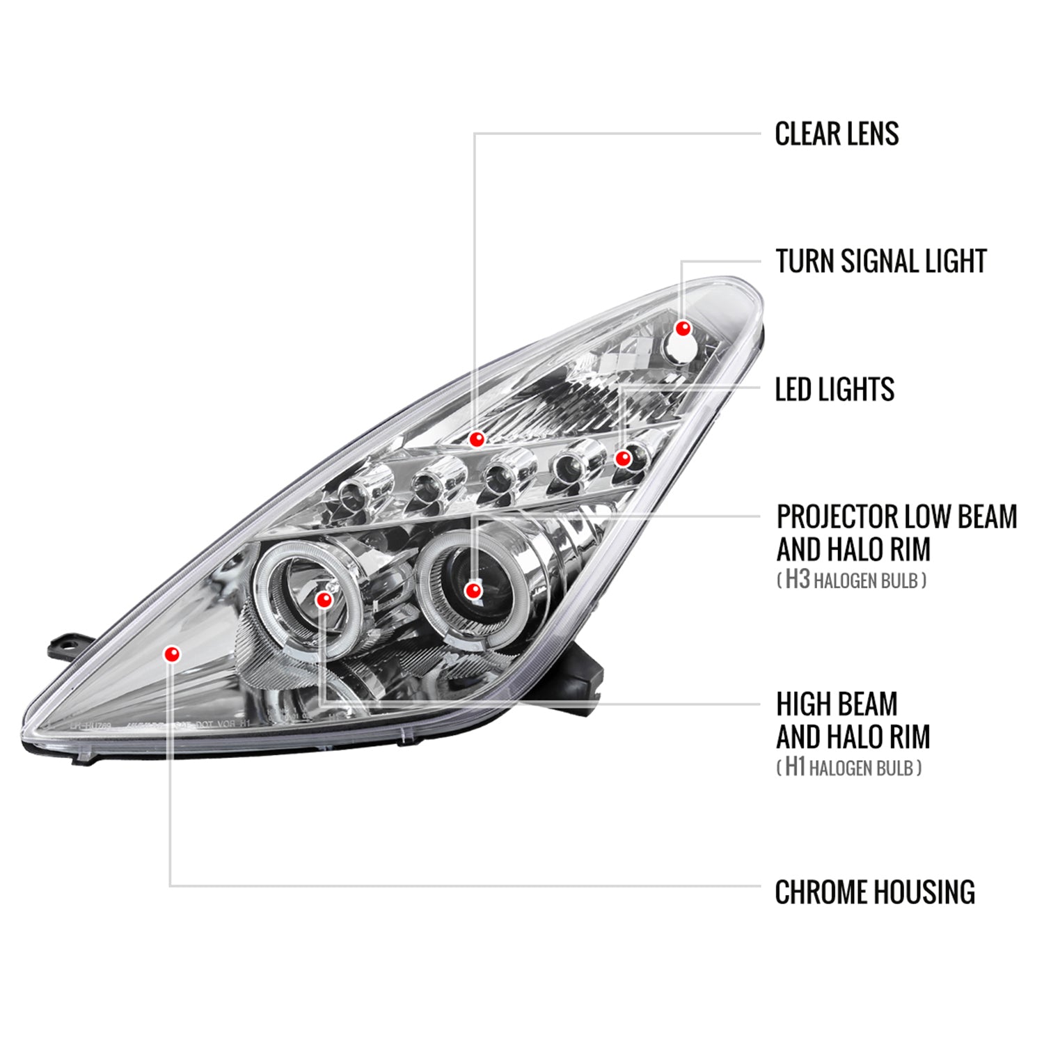 2000-2005 Toyota Celica Dual Halo Projector Headlights Chrome/Clear Lens