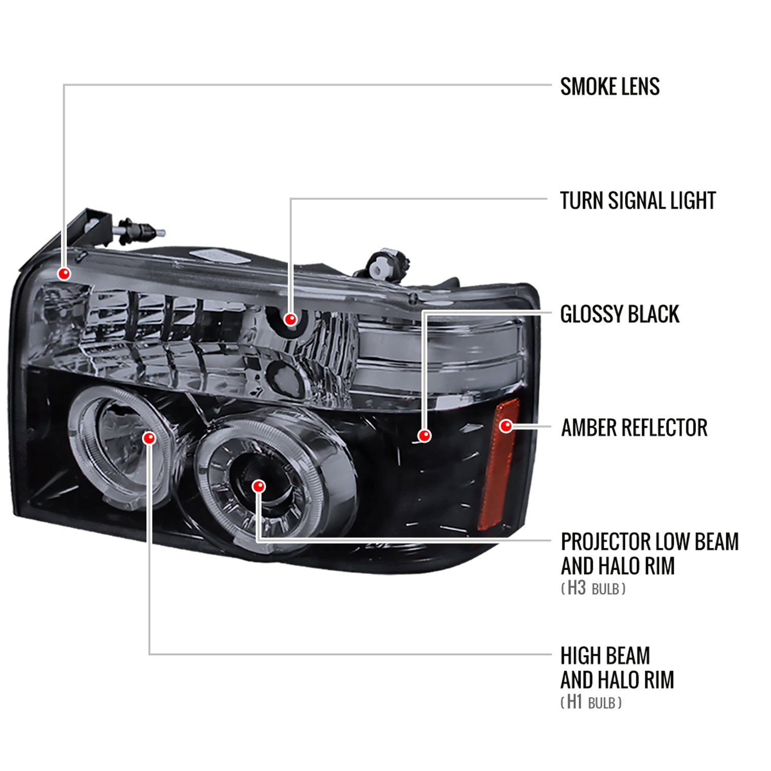 1992-1996 Ford F-150 F-250 F-350 Bronco Dual Halo Projector Headlights Smoke