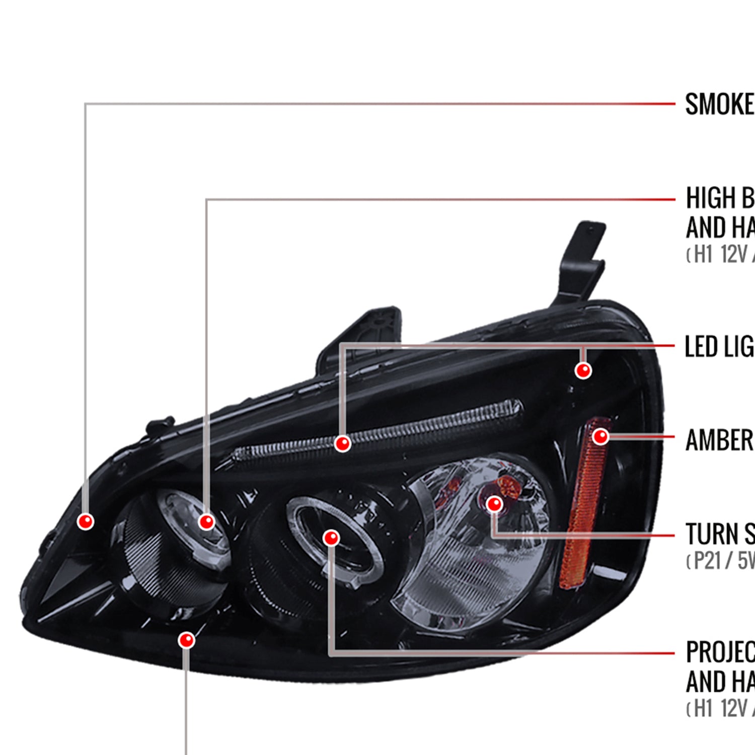 2001-2003 Honda Civic Dual Halo Projector Headlights Glossy Black/Smoke Lens