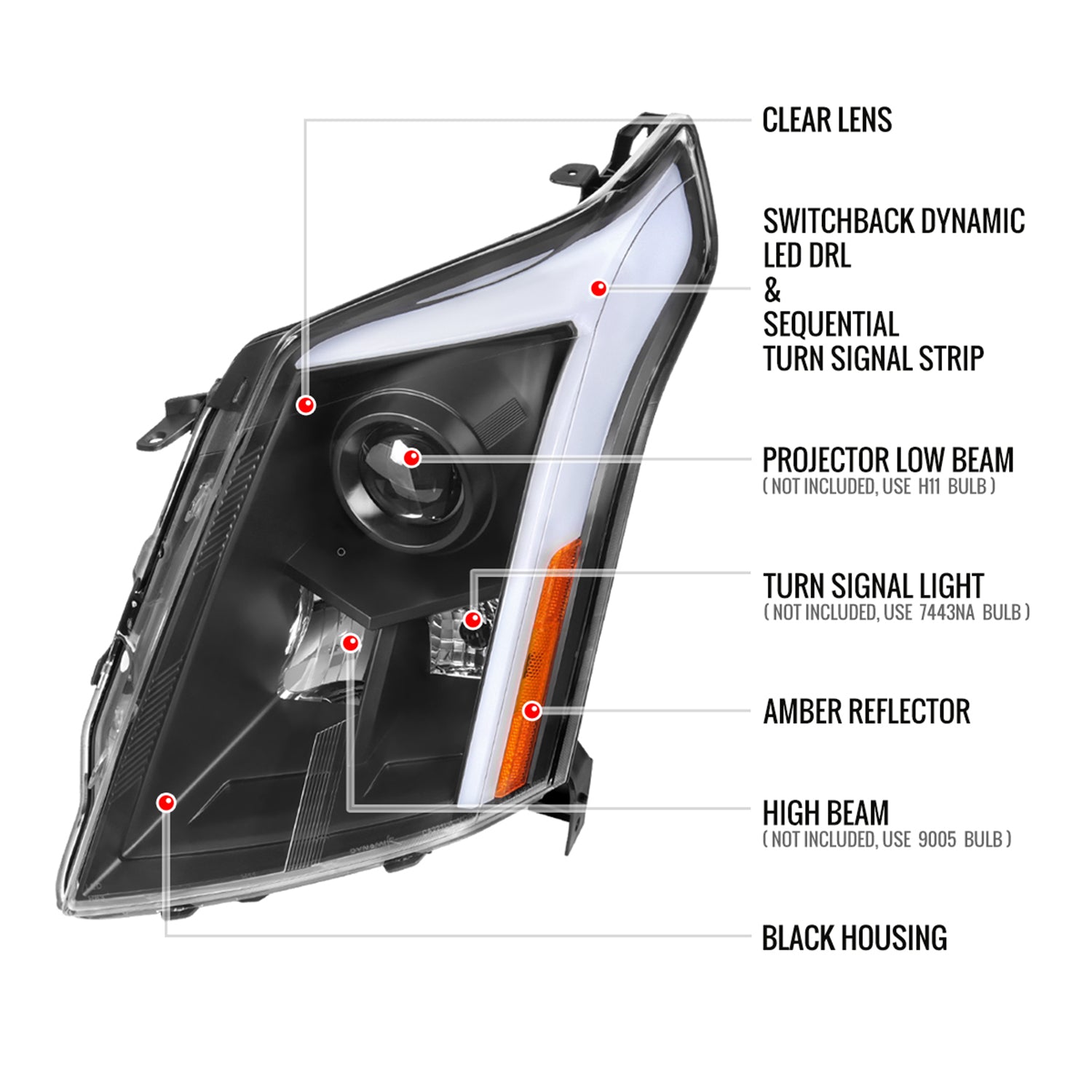 2010-2016 Cadillac SRX Projector Headlights Turn Signal LED Bar Black