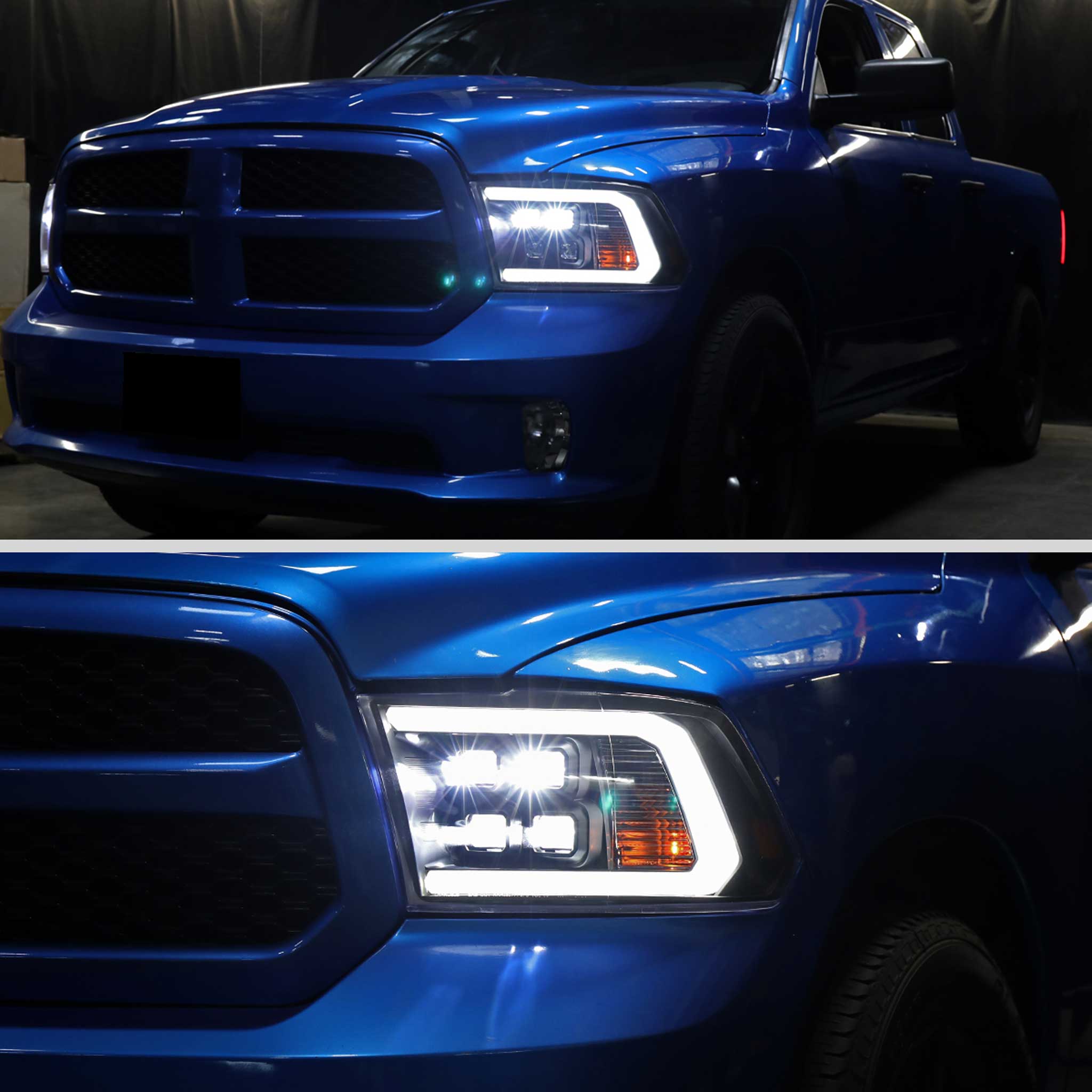 For Dodge RAM 1500 2009-18 / RAM Classic 2019 / 2500 3500 2010-18 LED Bar Turn Signal Projector Headlights Matte Black Housing Clear Lens