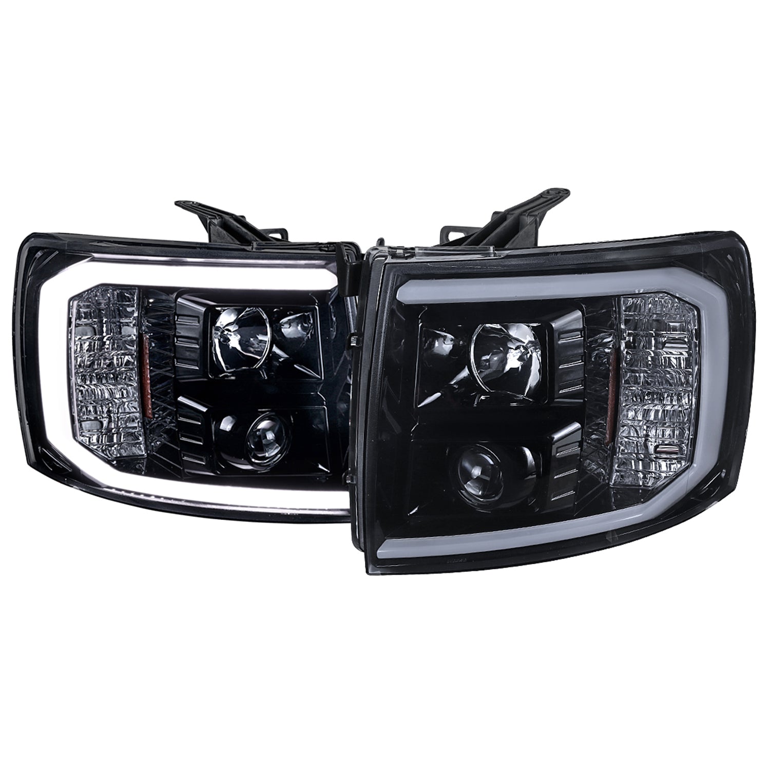2007-2013 Chevy Silverado 1500/2500HD 3500HD LED C-Bar Headlights Glossy Black