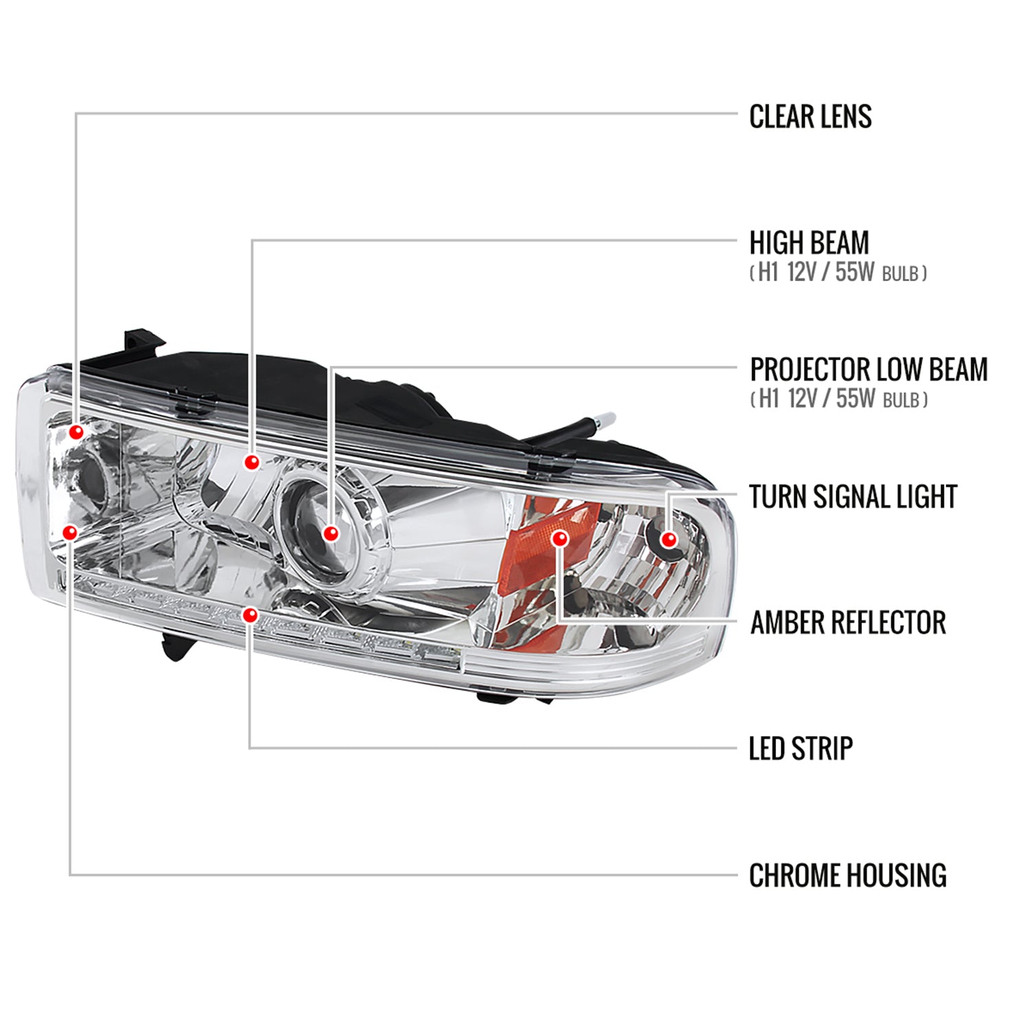 1994-2001 Dodge RAM 1500/ 1994-2002 RAM 2500 3500 Headlights LED Light Chrome