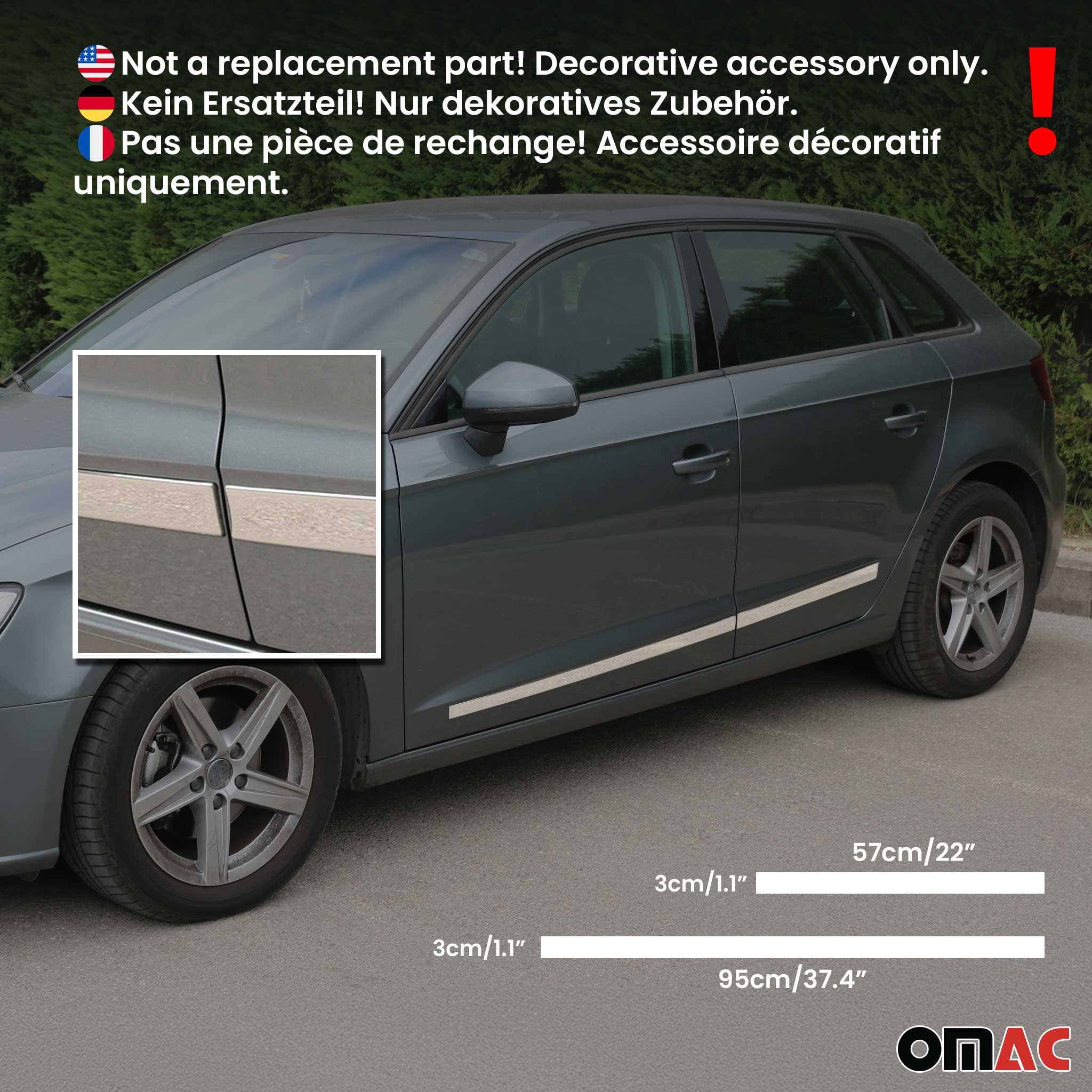 VW Side Door Molding Trim Skirt Garnish Stainless Steel Silver 4 Pcs