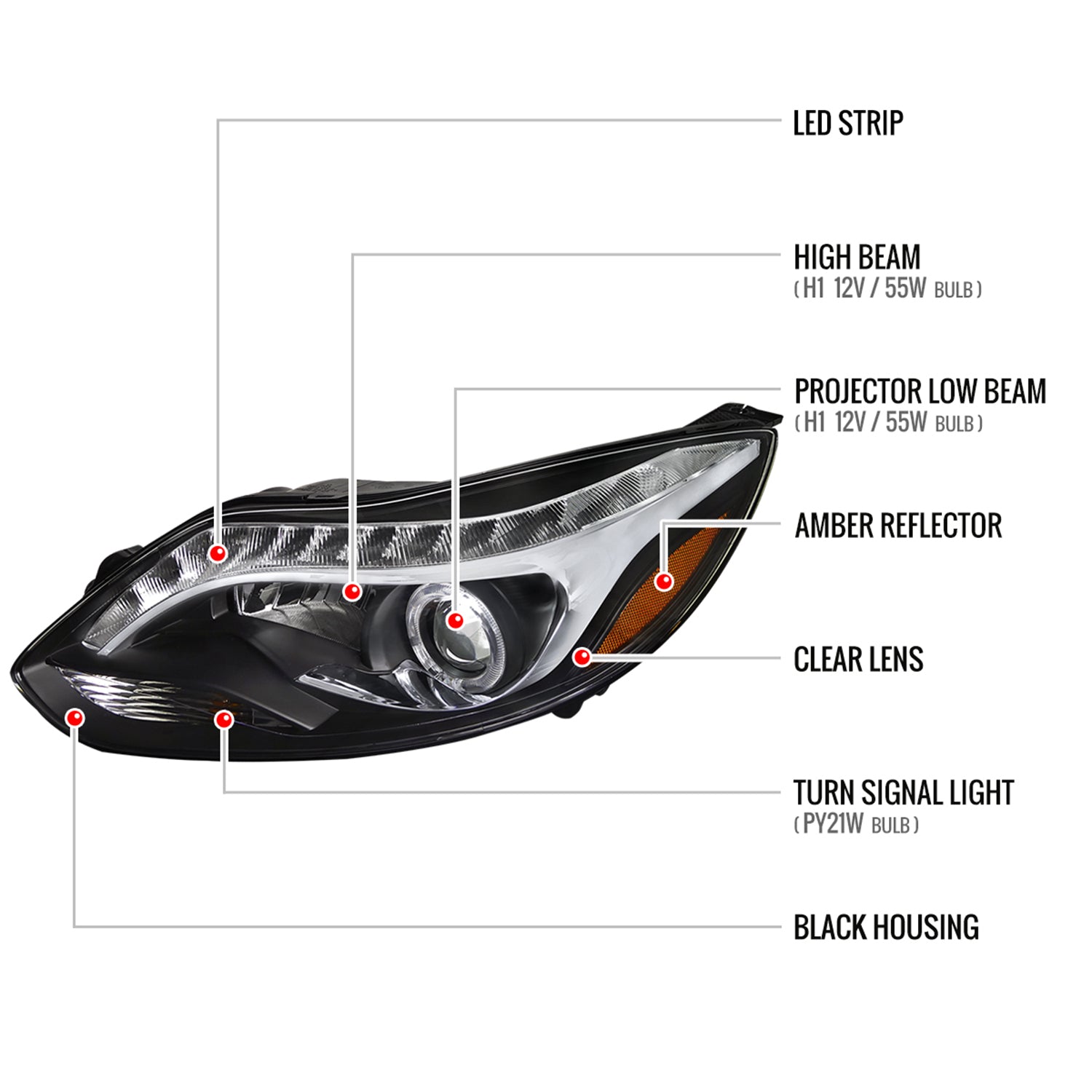 2012-2014 Ford Focus Halo Projector Headlights LED Light Strip Matt Black