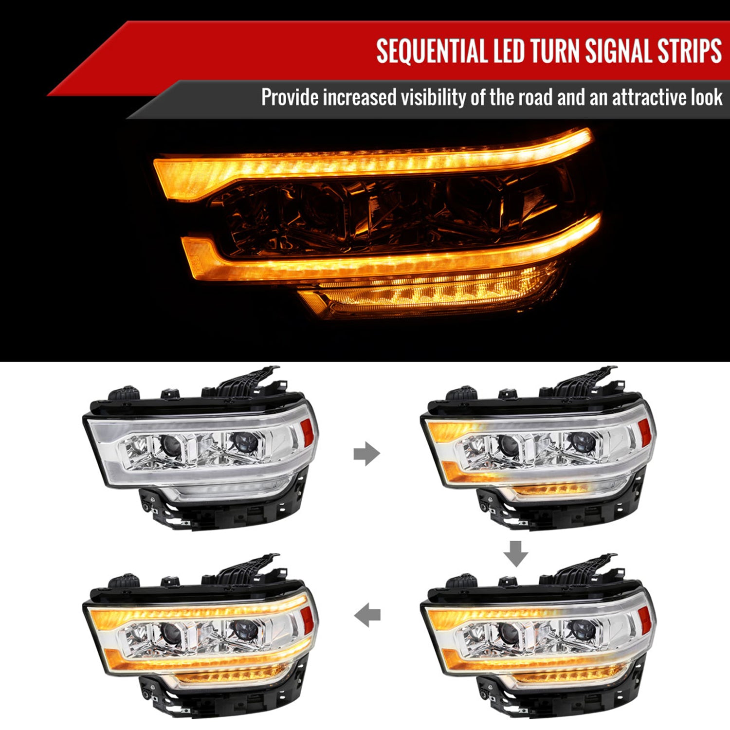 2019-2024 Dodge RAM 2500/3500/4500/5500 LED Signal Projector Headlights Chrome