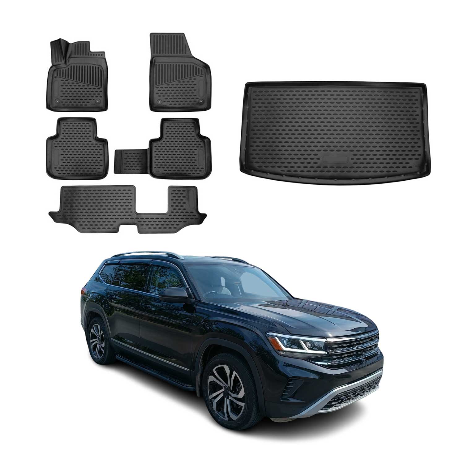 2018-2026 Volkswagen Atlas Floor Mats & Cargo Liner Full Set All Weather 3rd Row Behind Black