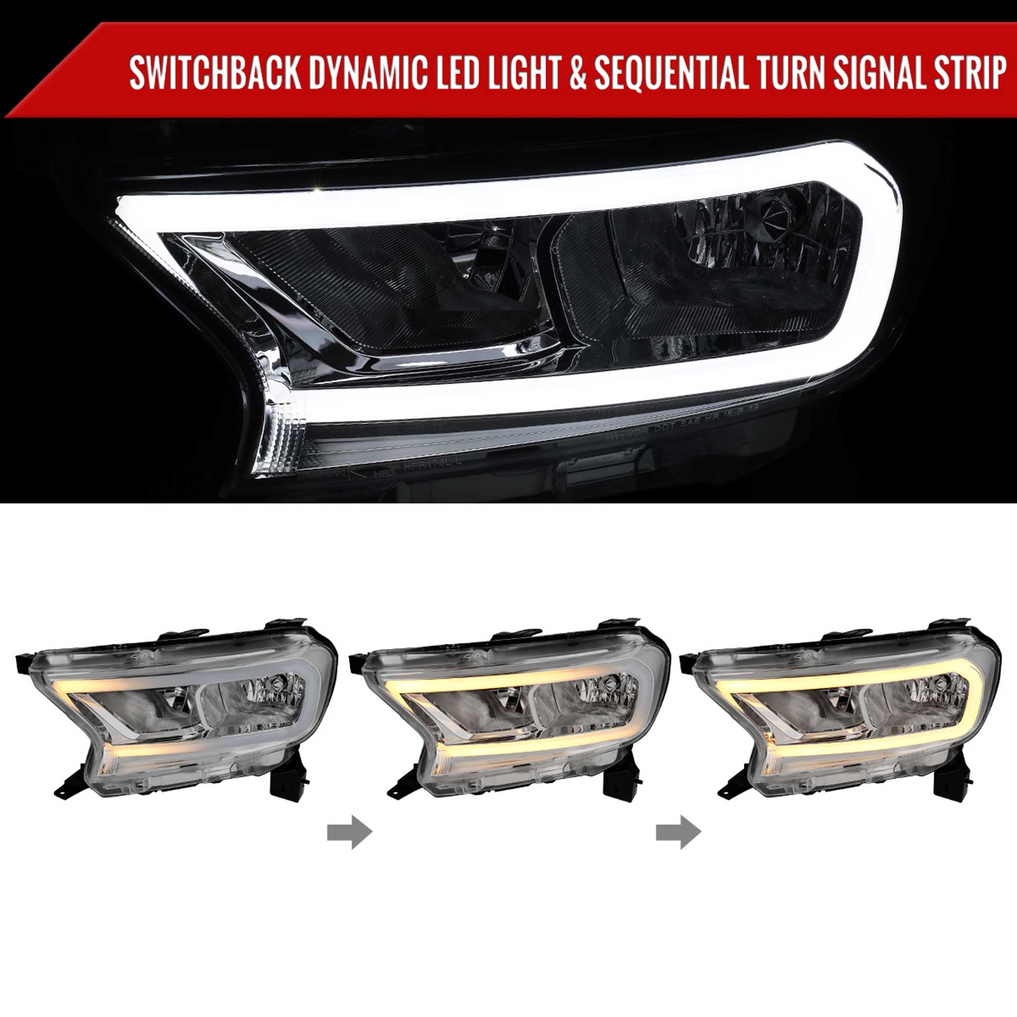 For Ford Ranger XL XLT  2019-2023  Factory Style Headlights LED Bar Turn Signal Chrome Housing Clear Lens