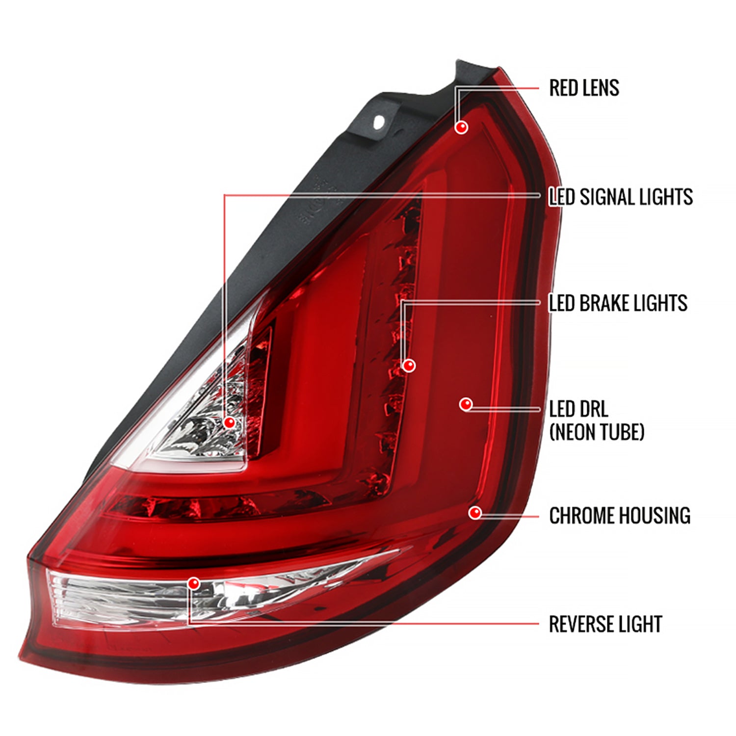 2011-2013 Ford Fiesta Hatchback LED Tail Lights Chrome Housing/Red Lens