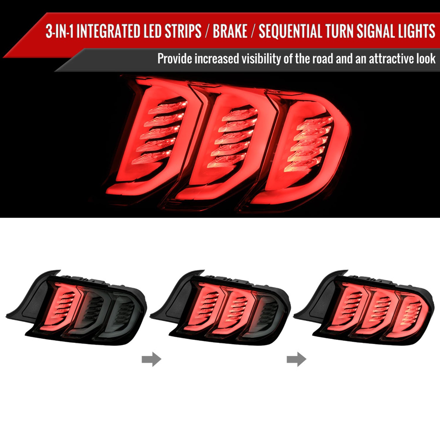 2015-2023 Ford Mustang Sequential Signal LED Tail Lights Glossy Black/Smoke