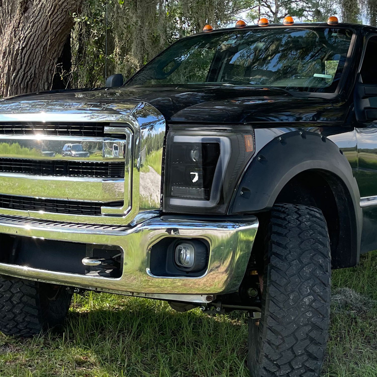 2011-2016 F-250/350/450/550 LED C-Bar Projector Headlights Jet Black/Clear