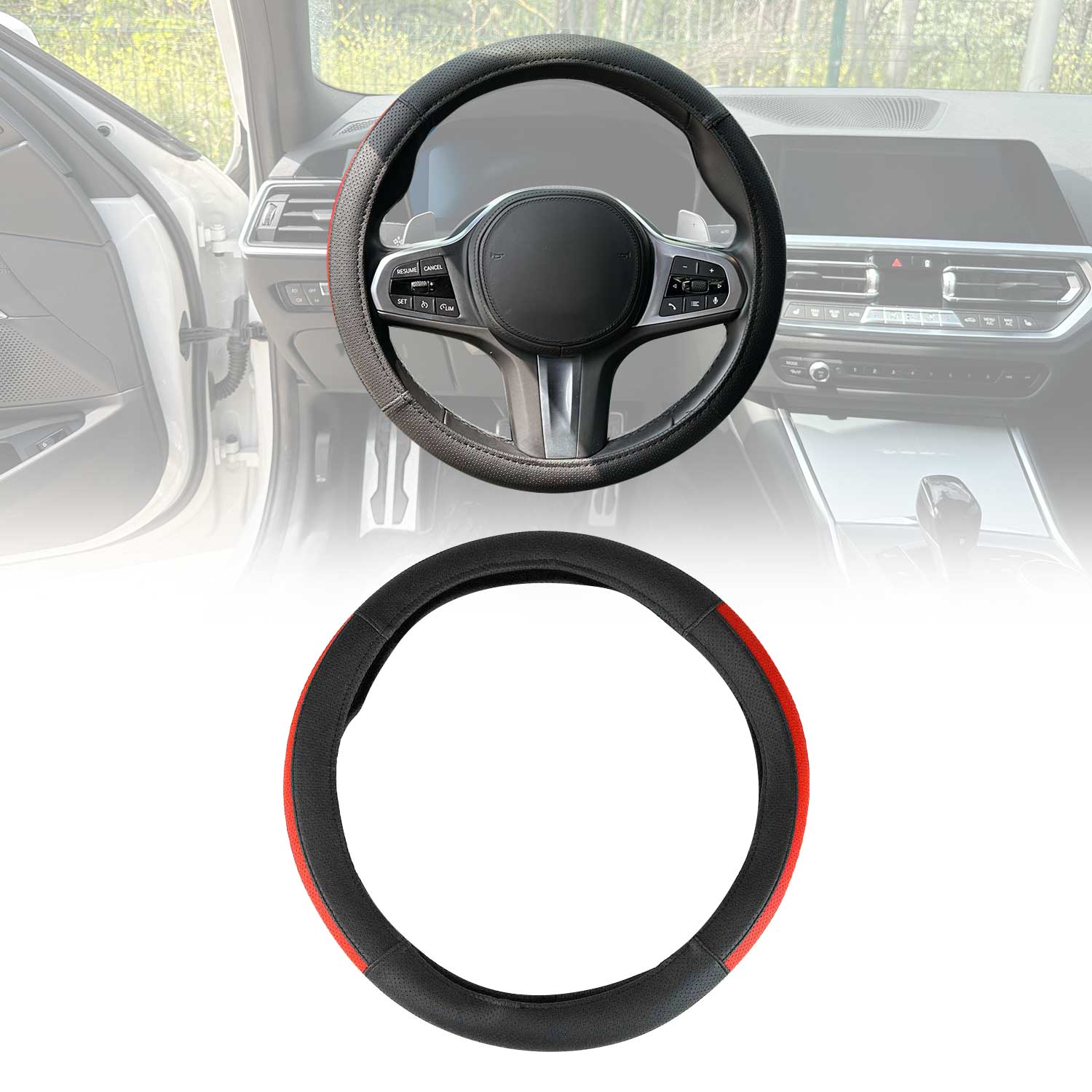 14.5-15.5’’ Steering Wheel Cover Half Moon Red Leather Anti-slip Breathable