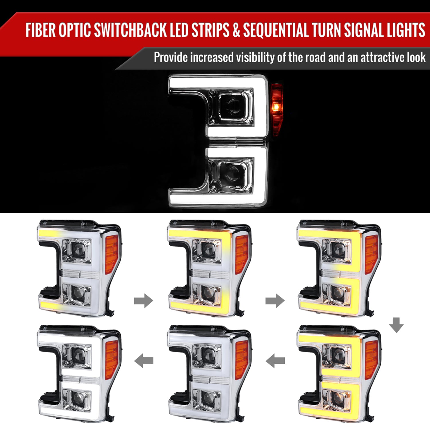 2017-2019 Ford F-250 F-350 F-450 F-550 LED C-Bar Headlights Signal Chrome