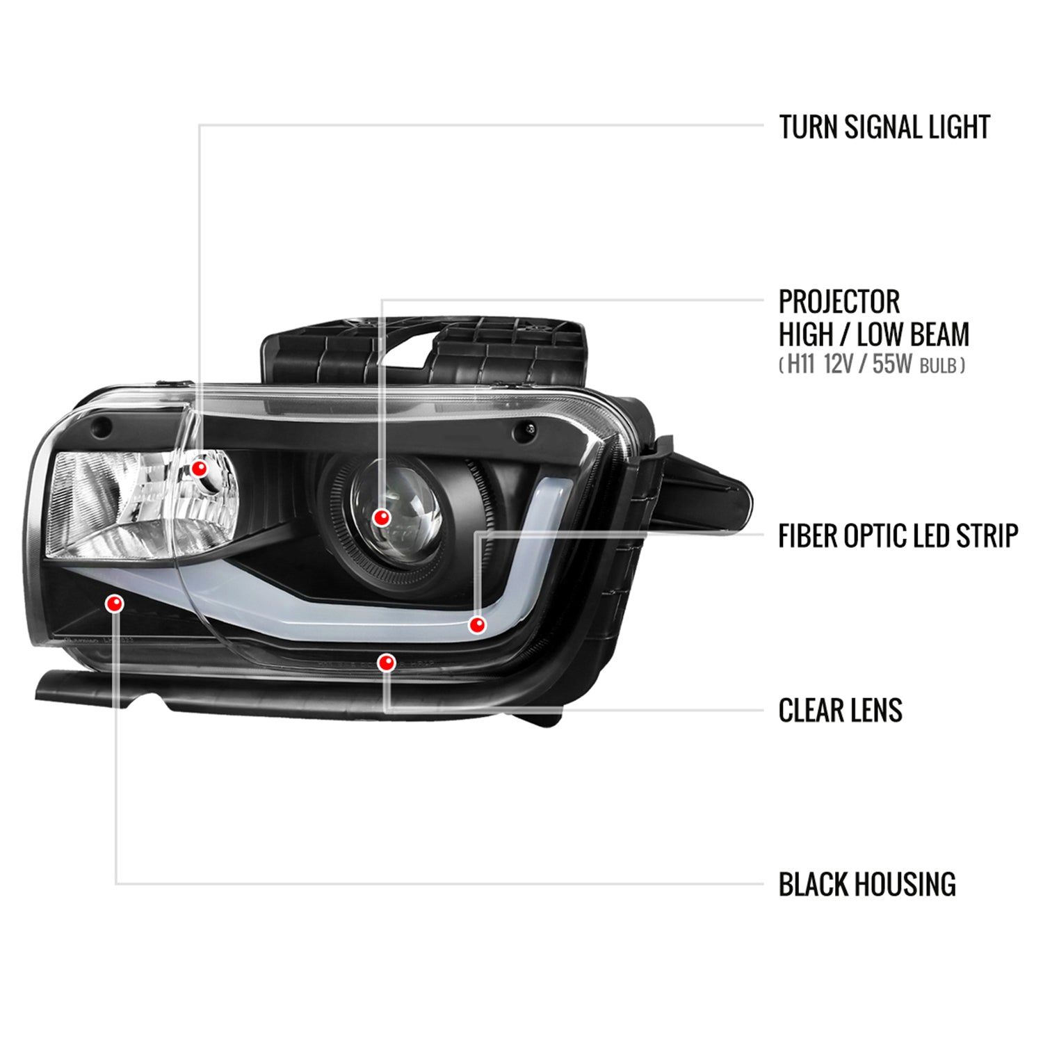 2010-2013 Chevy Camaro LED Bar Projector Headlights Matte Black/Clear Lens