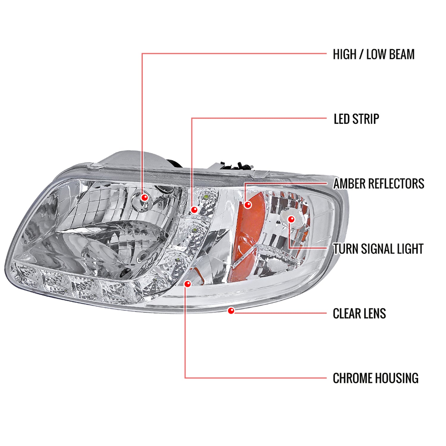 1997-2004 Ford F-150/Expedition Factory Crystal Headlights LED Light Chrome
