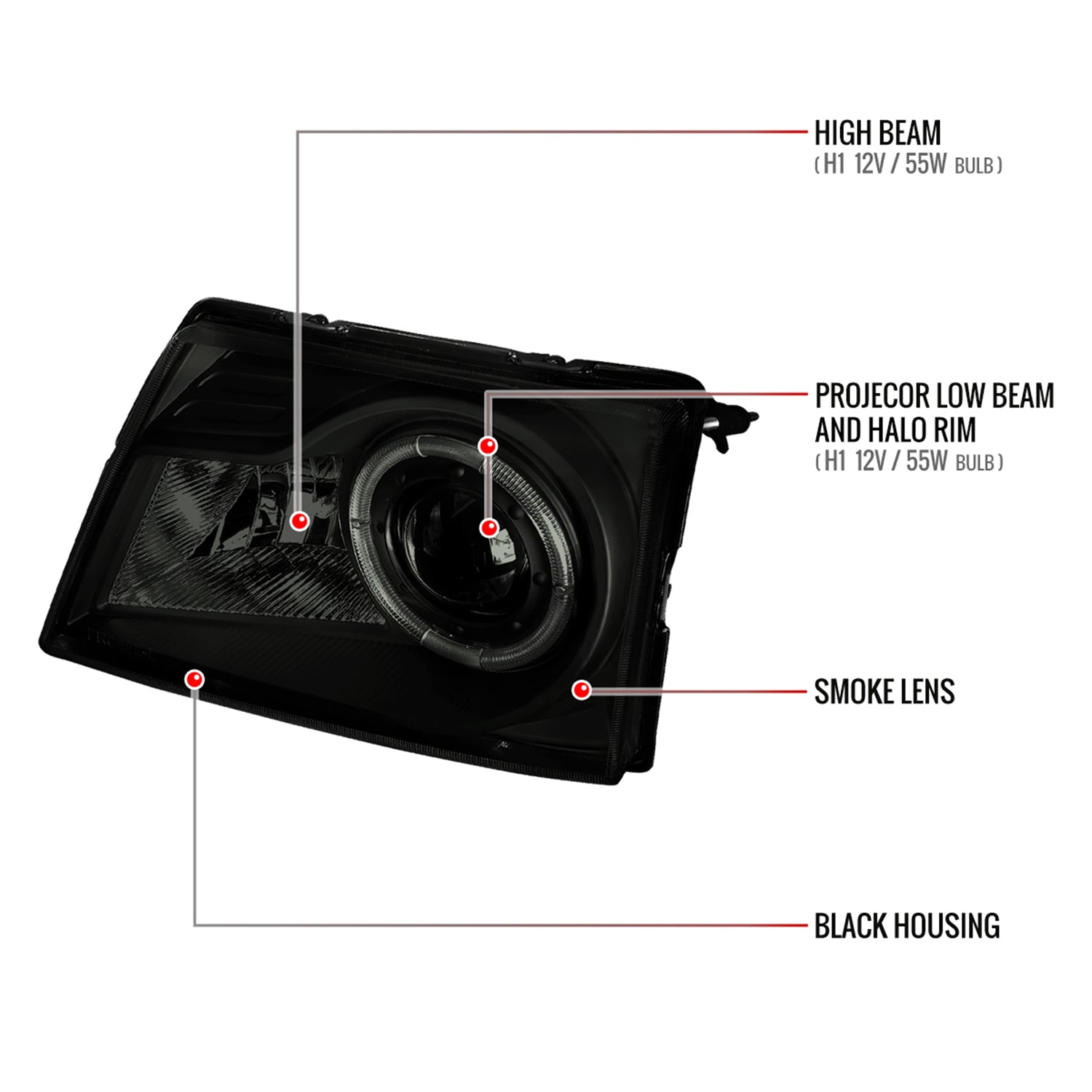 1998-2000 Ford Ranger Halo Projector Headlights Black Housing/Smoke Lens