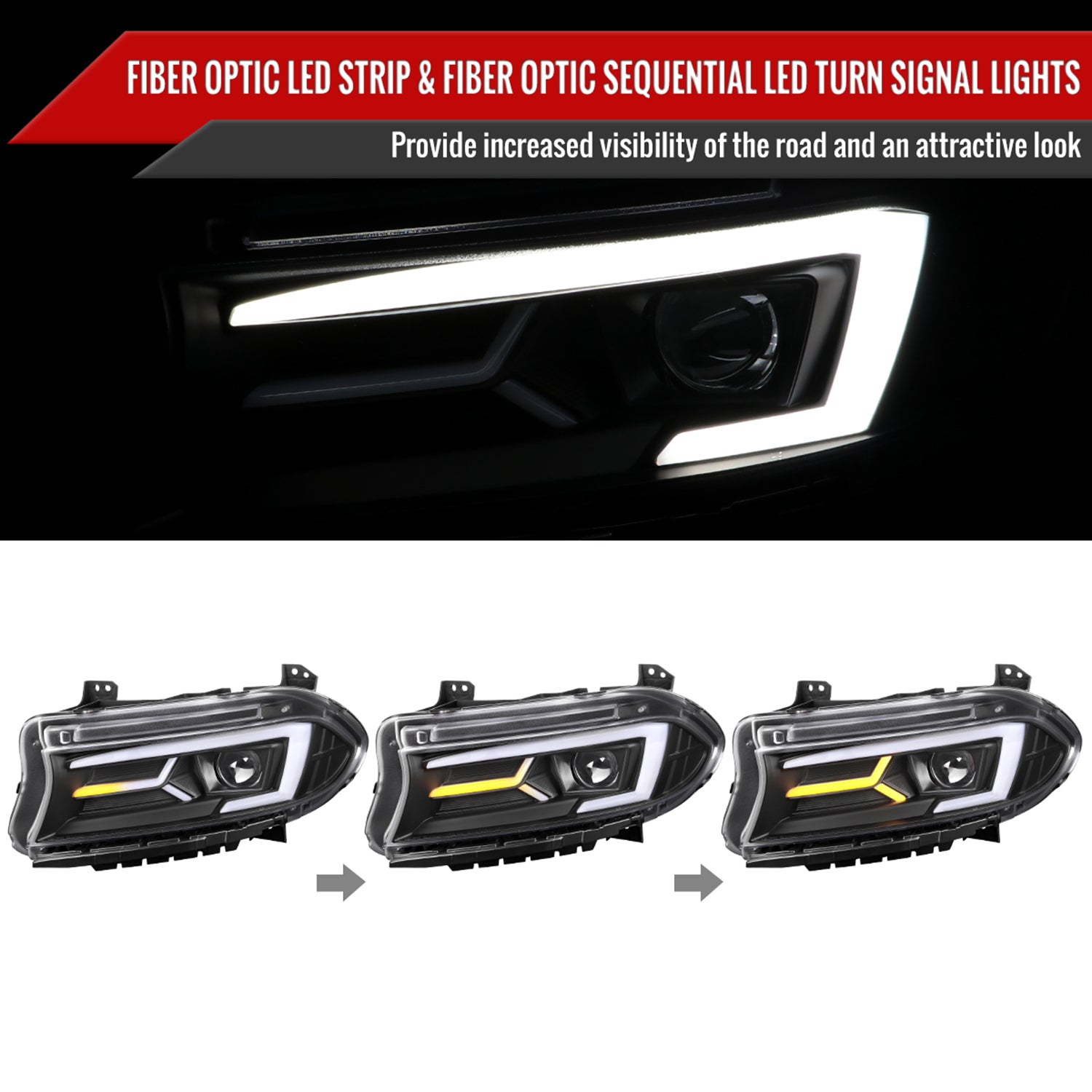 2015-2023 Dodge Charger LED Projector Headlights LED Turn Signal Black