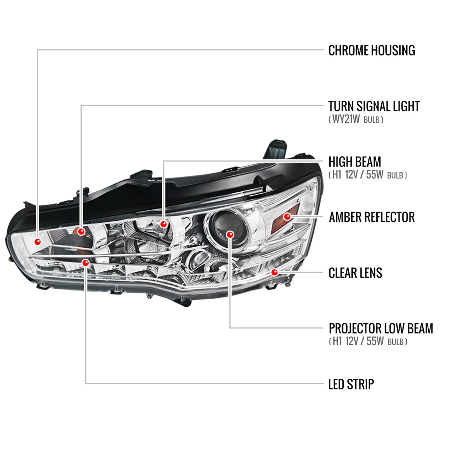 2008-2015 Mitsubishi Lancer EVO Projector Headlights SMD LED Light Chrome