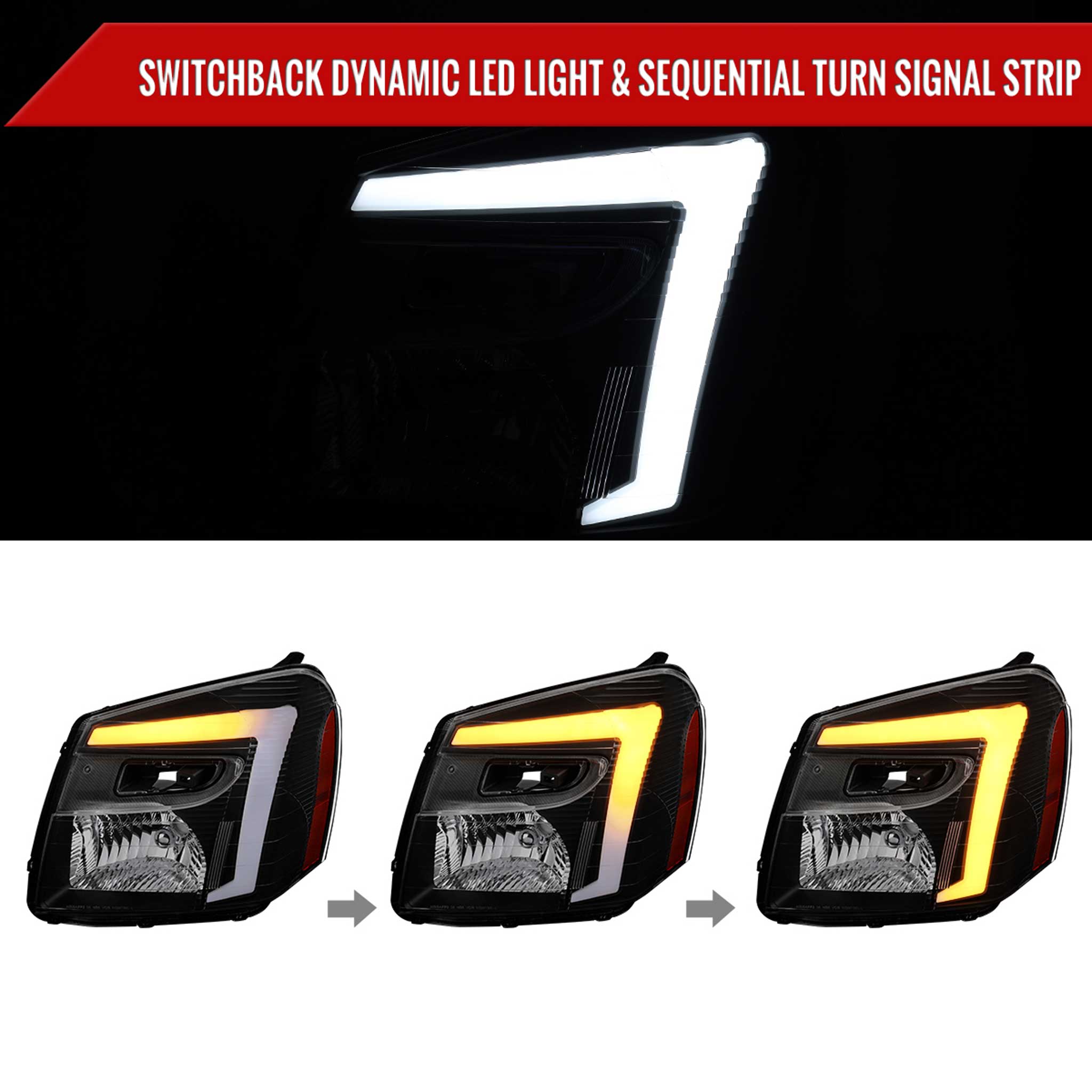 For Chevrolet Equinox 2005-2009 Headlights Switchback LED Bar Turn Signal Matte Black Housing Clear Lens