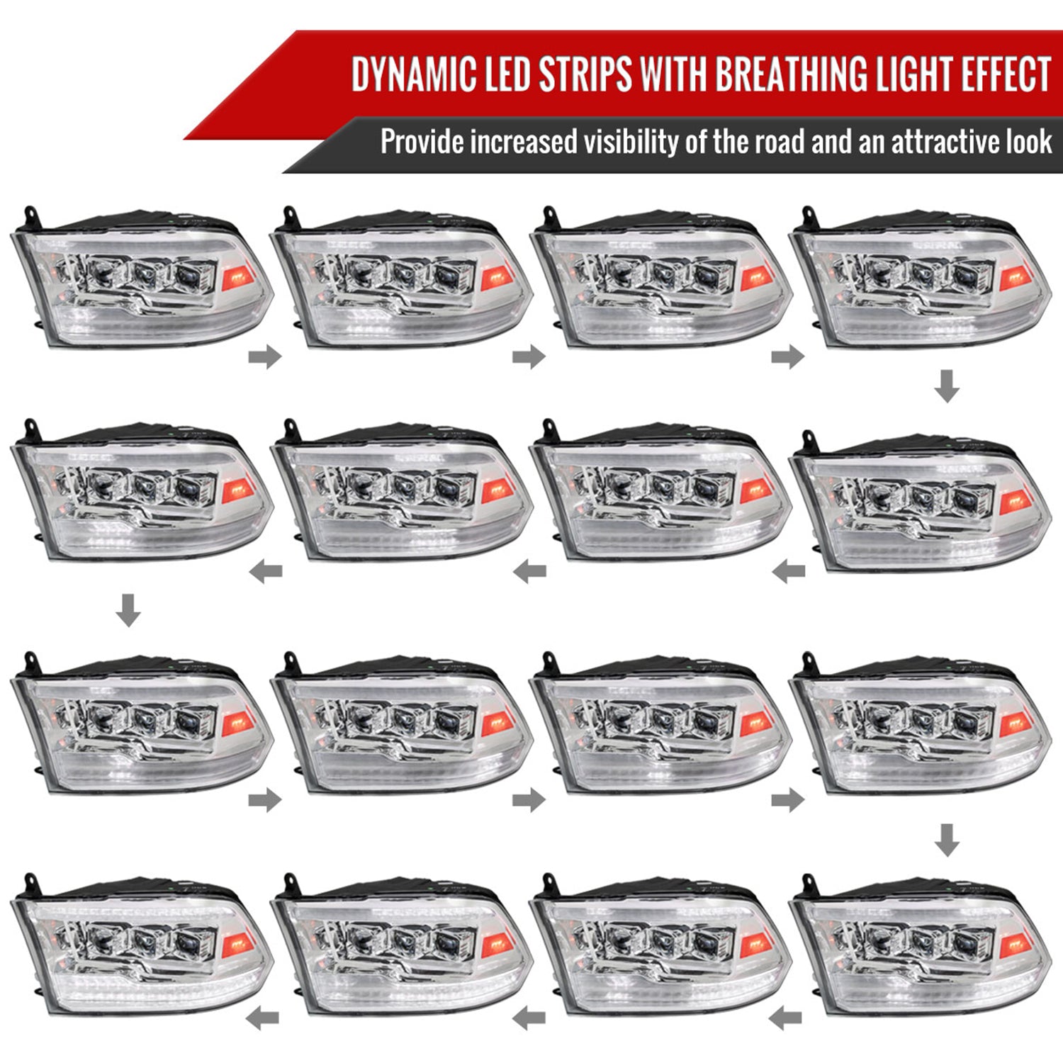 2009-2018 Dodge RAM 1500 / RAM 2500 3500 Full LED Switchback Headlights Chrome