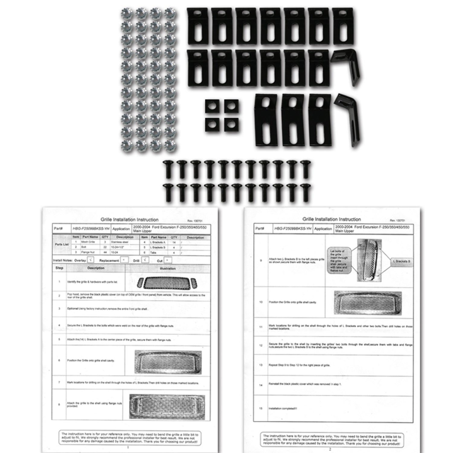 1999-2004 F-250/350/450/550/Excursion Rivet Black Steel 3PC Mesh Grille Insert