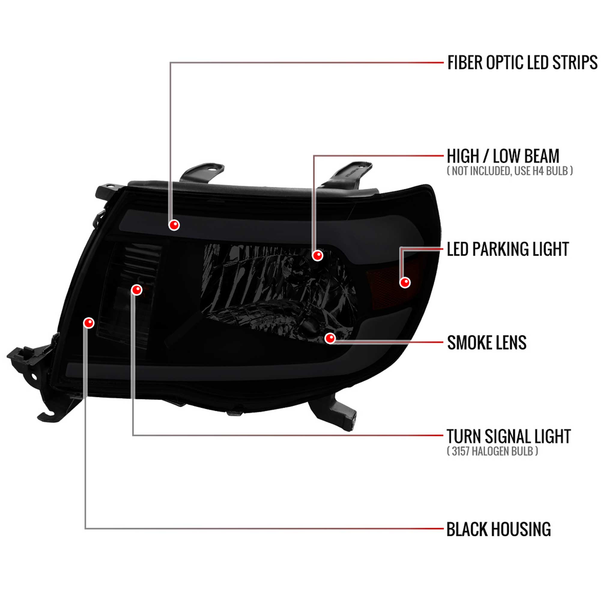 For Toyota Tacoma 2005-2011 LED Bar Factory Style Headlights Matte Black Housing Smoked Lens