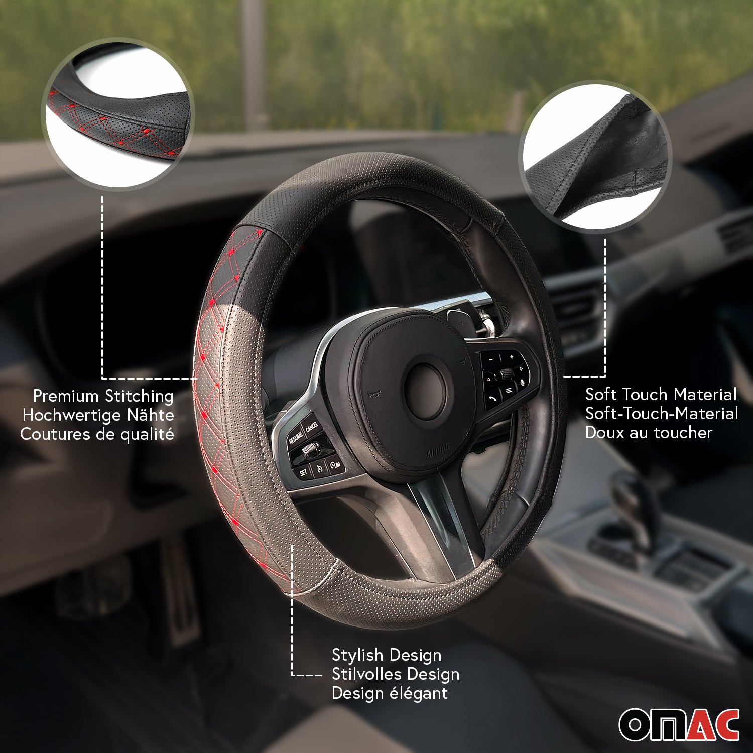 14.5-15.5’’ Steering Wheel Cover Red Stitches Leather Anti-slip Breathable