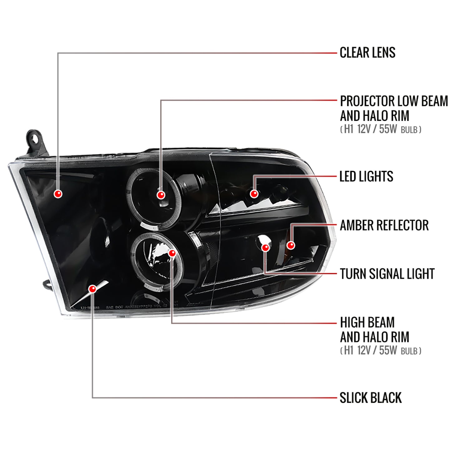 2009-2018 Dodge RAM 1500 / RAM 2500 3500 Dual Halo Headlights Jet Black