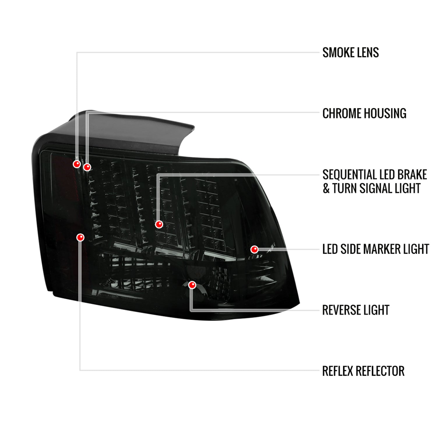 1999-2004 Ford Mustang Sequential LED Tail Lights - RS Chrome/Smoke Lens