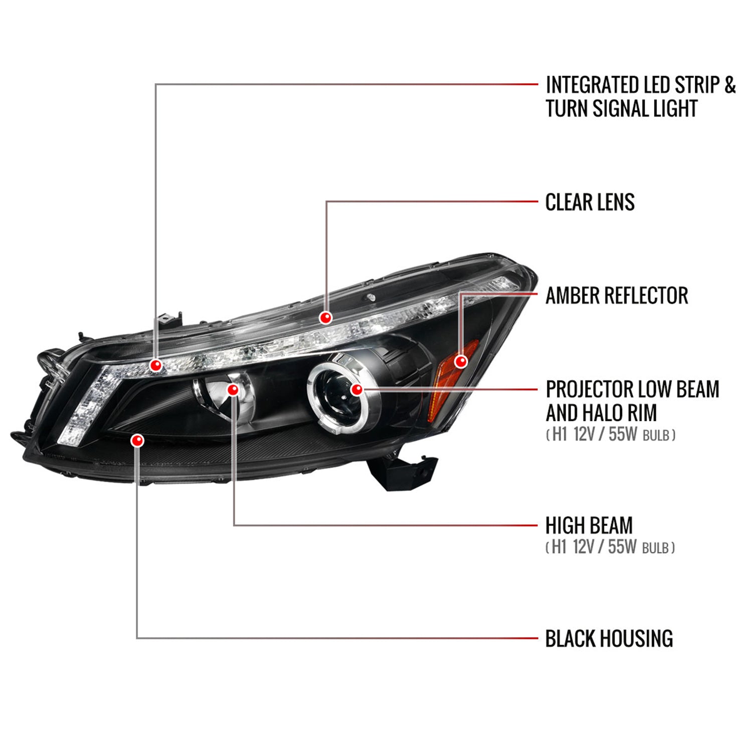 2008-2012 Honda Accord Sedan Single Halo Headlights LED Light&LED Signal Black