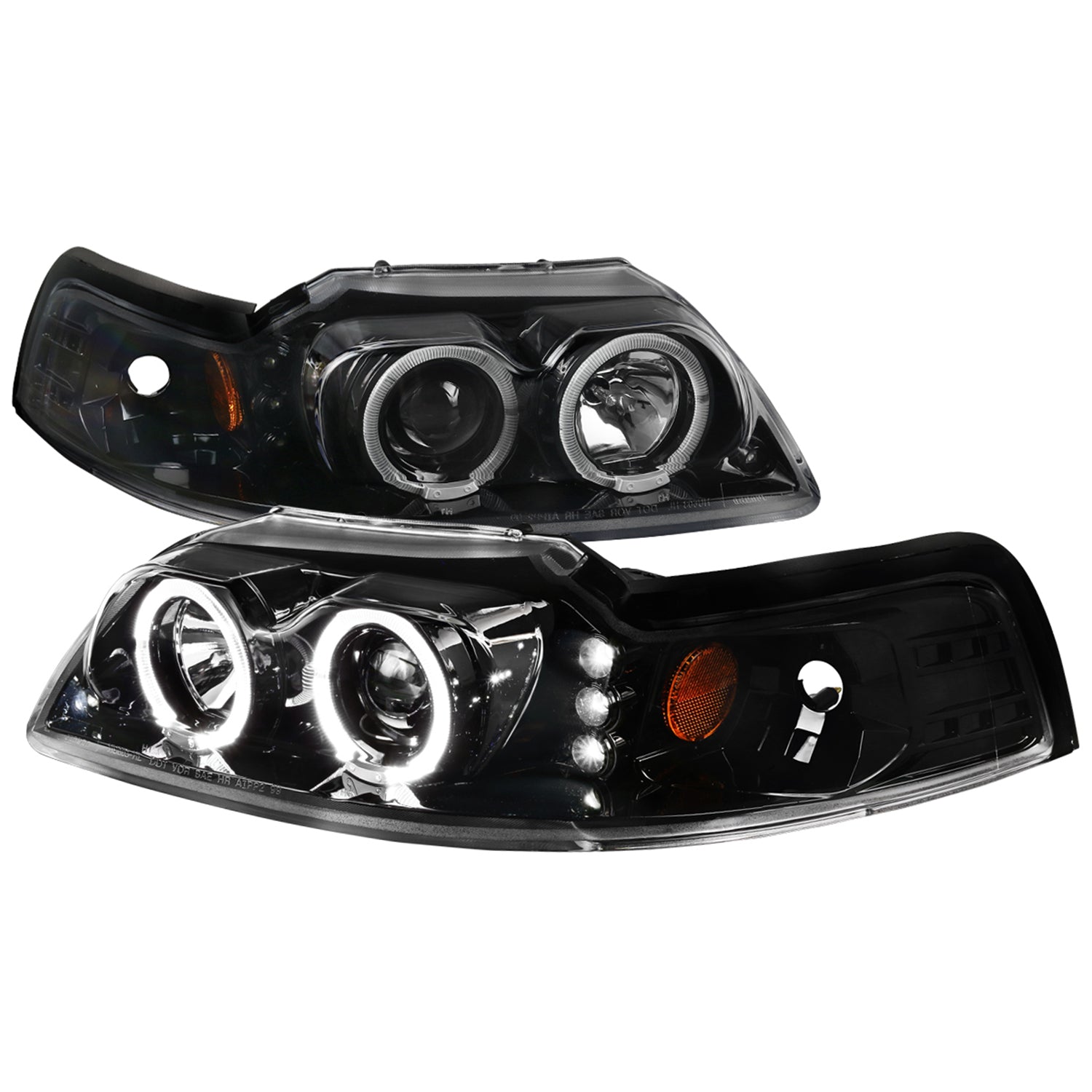 1999-2004 Ford Mustang Dual Halo Projector Headlights Jet Black/Clear Lens