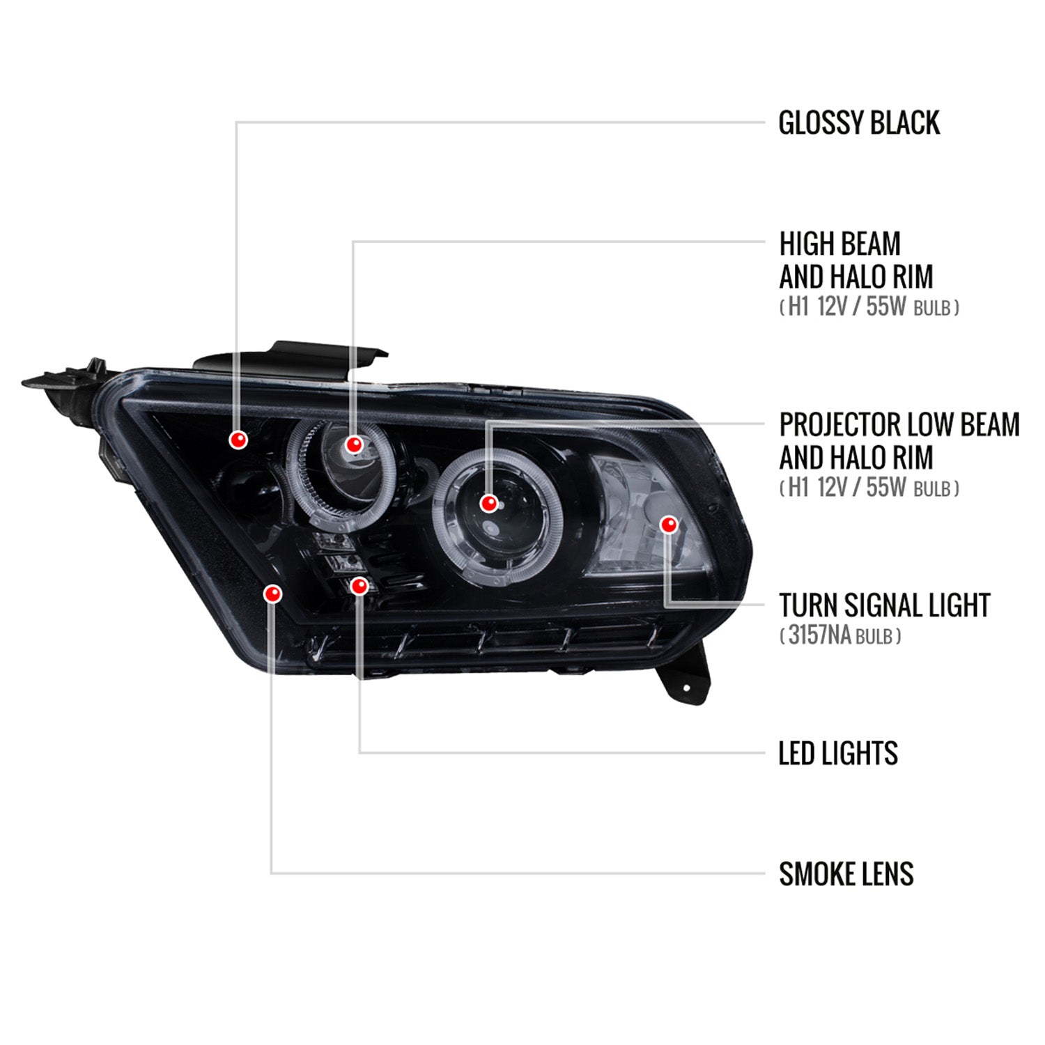 2010-2014 Ford Mustang Dual Halo Projector Headlights Glossy Black/Smoke Lens