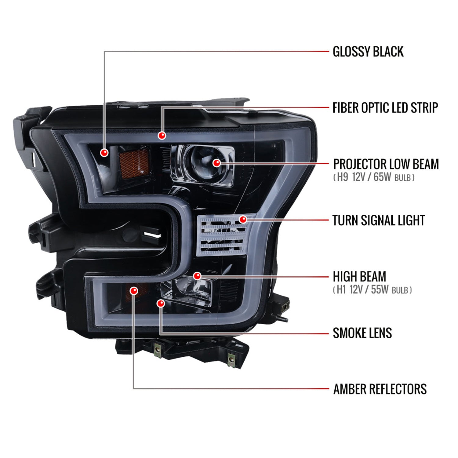 2015-2017 Ford F-150 LED Bar Outline Projector Headlights Glossy Black/Smoke