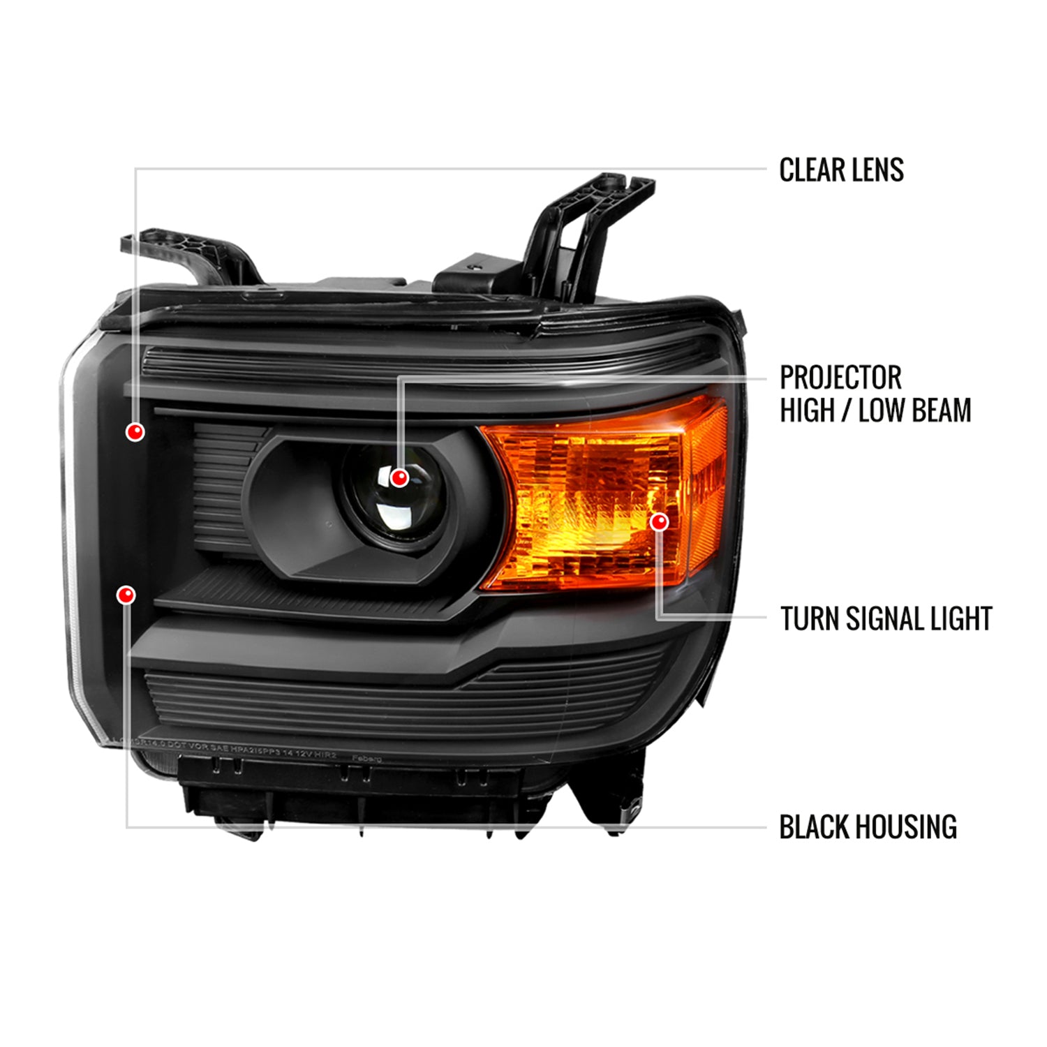 2014-2019 GMC Sierra 1500/2500HD/3500HD Headlights Amber Reflectors Black
