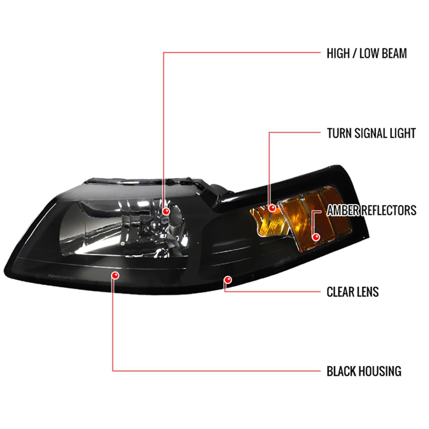 1999-2004 Ford Mustang Factory Headlights w/Amber ReflectorsMatte Black/Clear