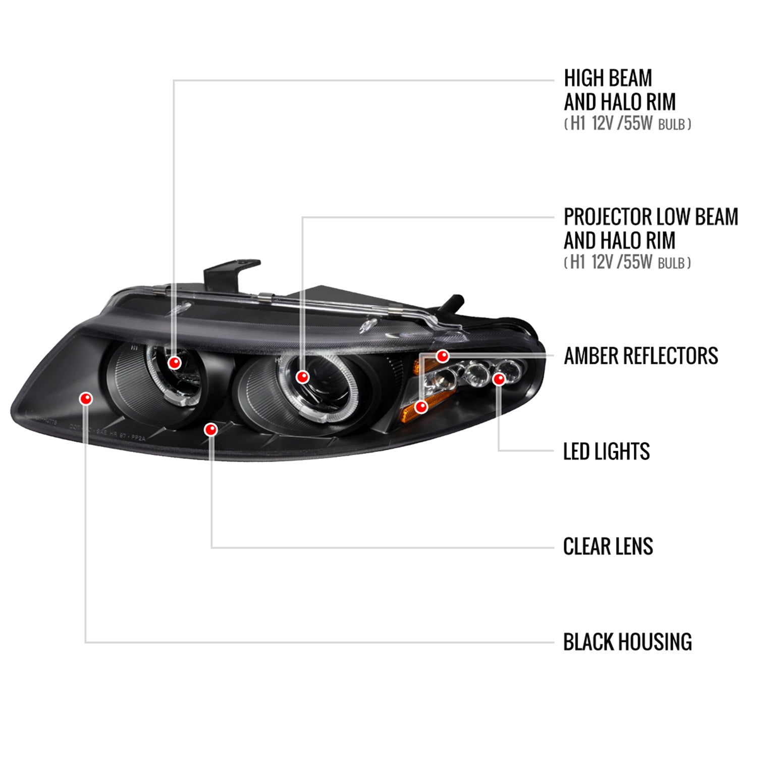 1997-2000 Dodge Avenger Chrysler Sebring Coupe Dual Halo Headlights Black