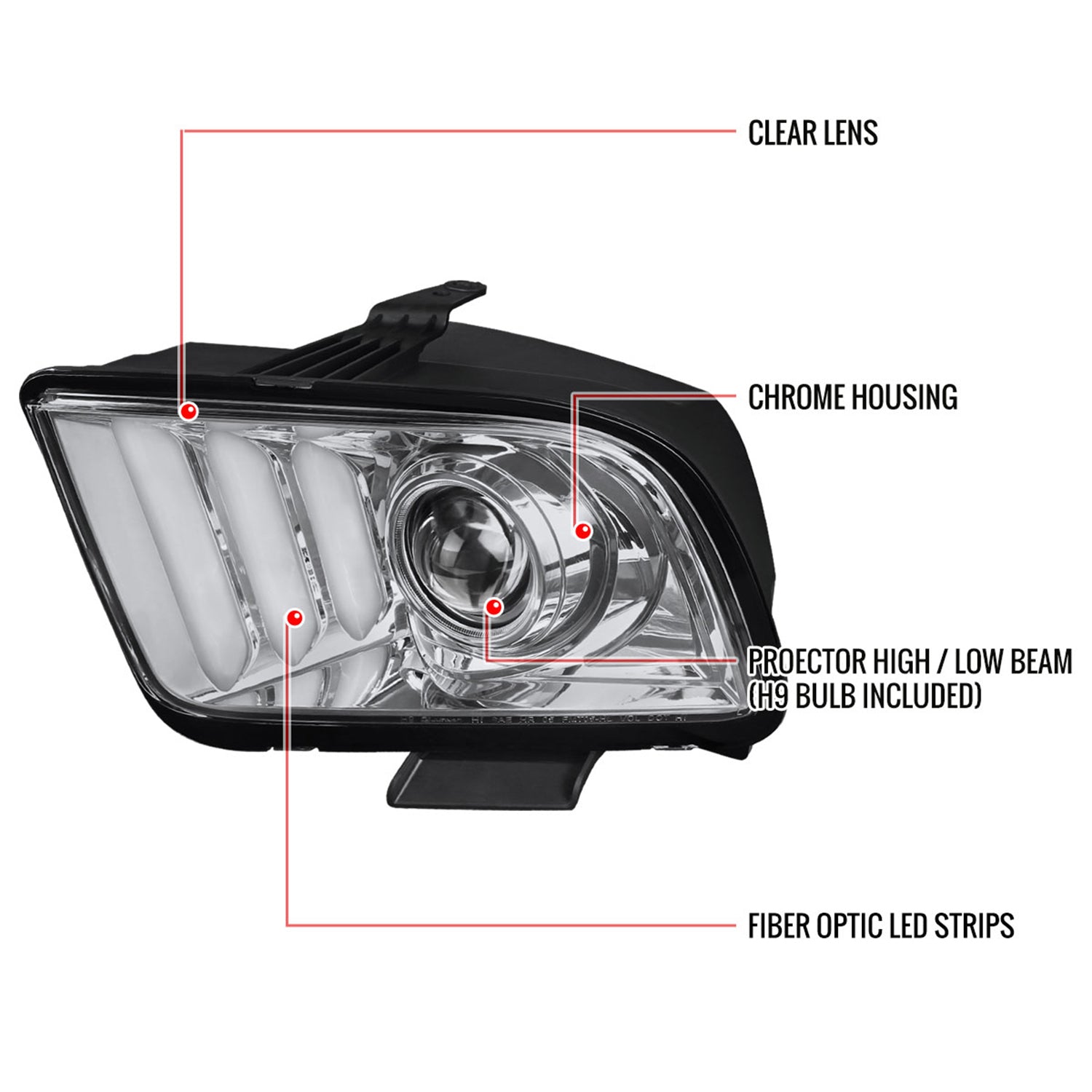 2005-2009 Ford Mustang LED Bar Projector Headlights Chrome/Clear Lens