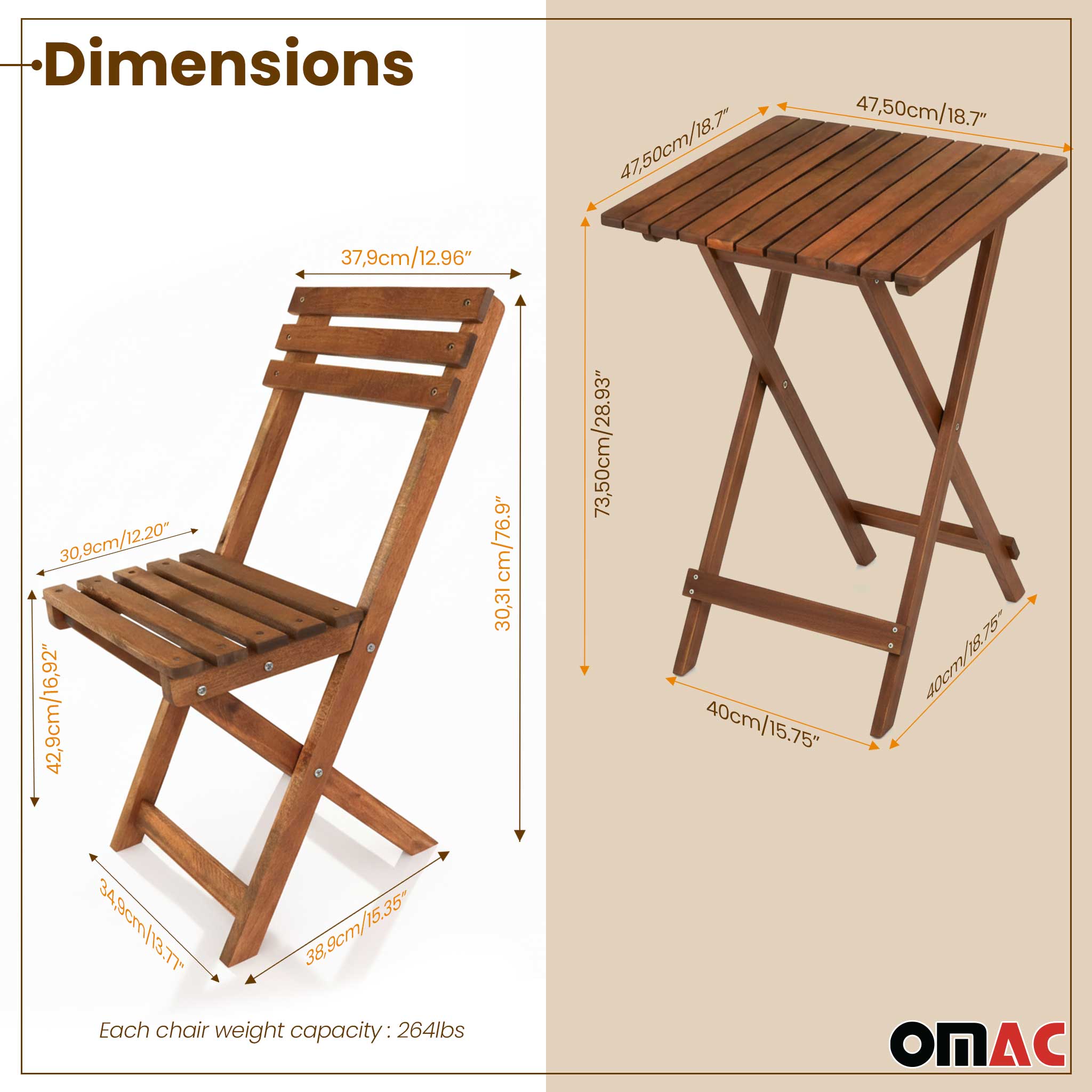 3Pcs Folding Wooden Bistro Set Dining Indoor Outdoor Furniture BBQ Picnic Party