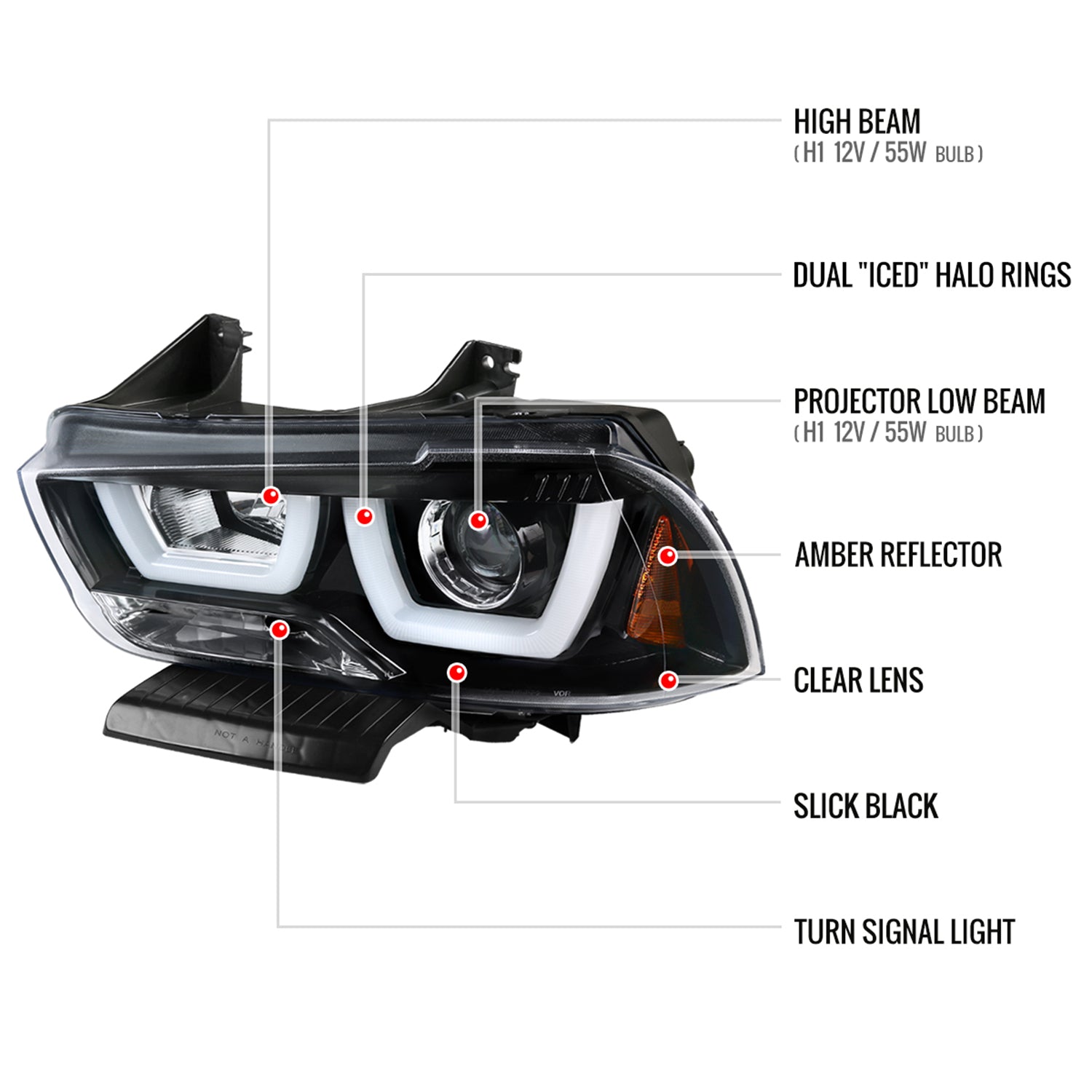 2011-2014 Dodge Charger Dual LED U-Bar Projector Headlights Jet Black/Clear