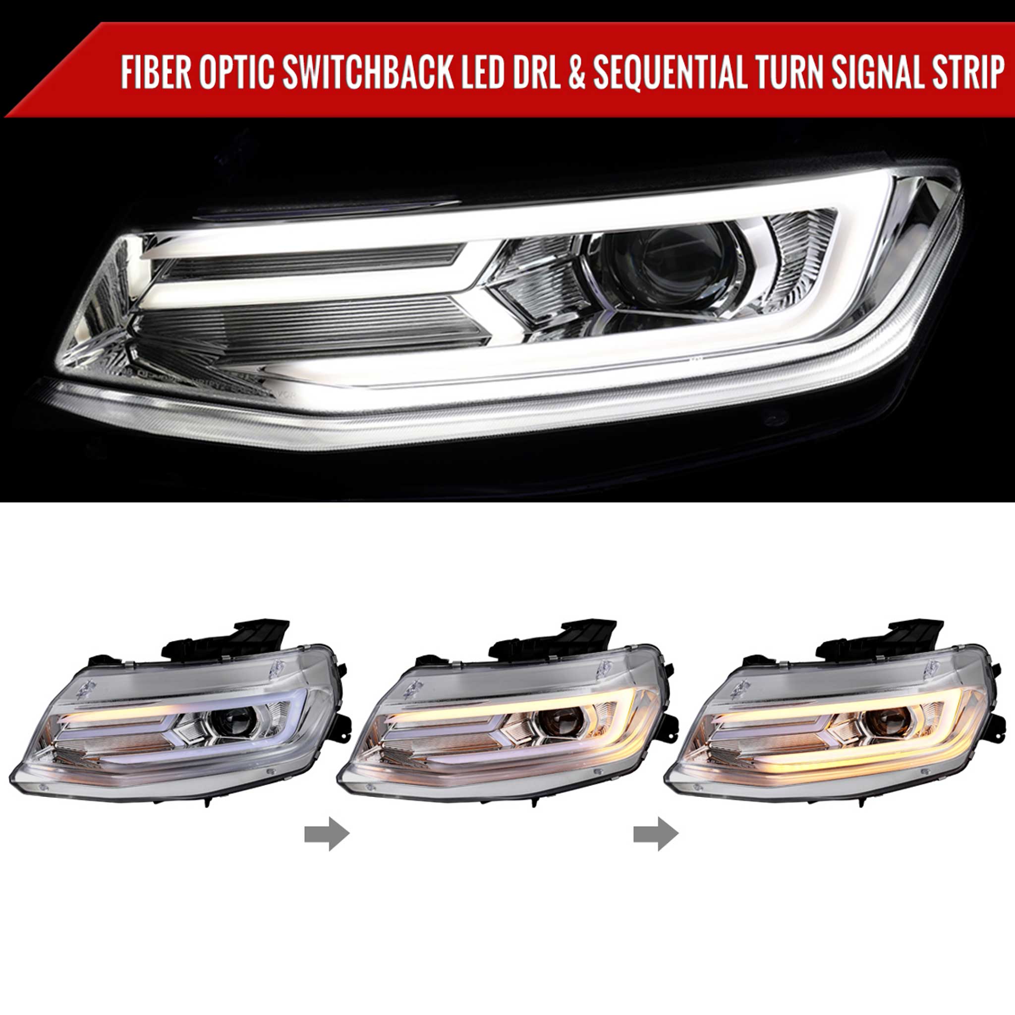 For Chevrolet Camaro 2016-2018 LED Strip Projector Headlights Turn Signal Lights Chrome Housing Clear Lens