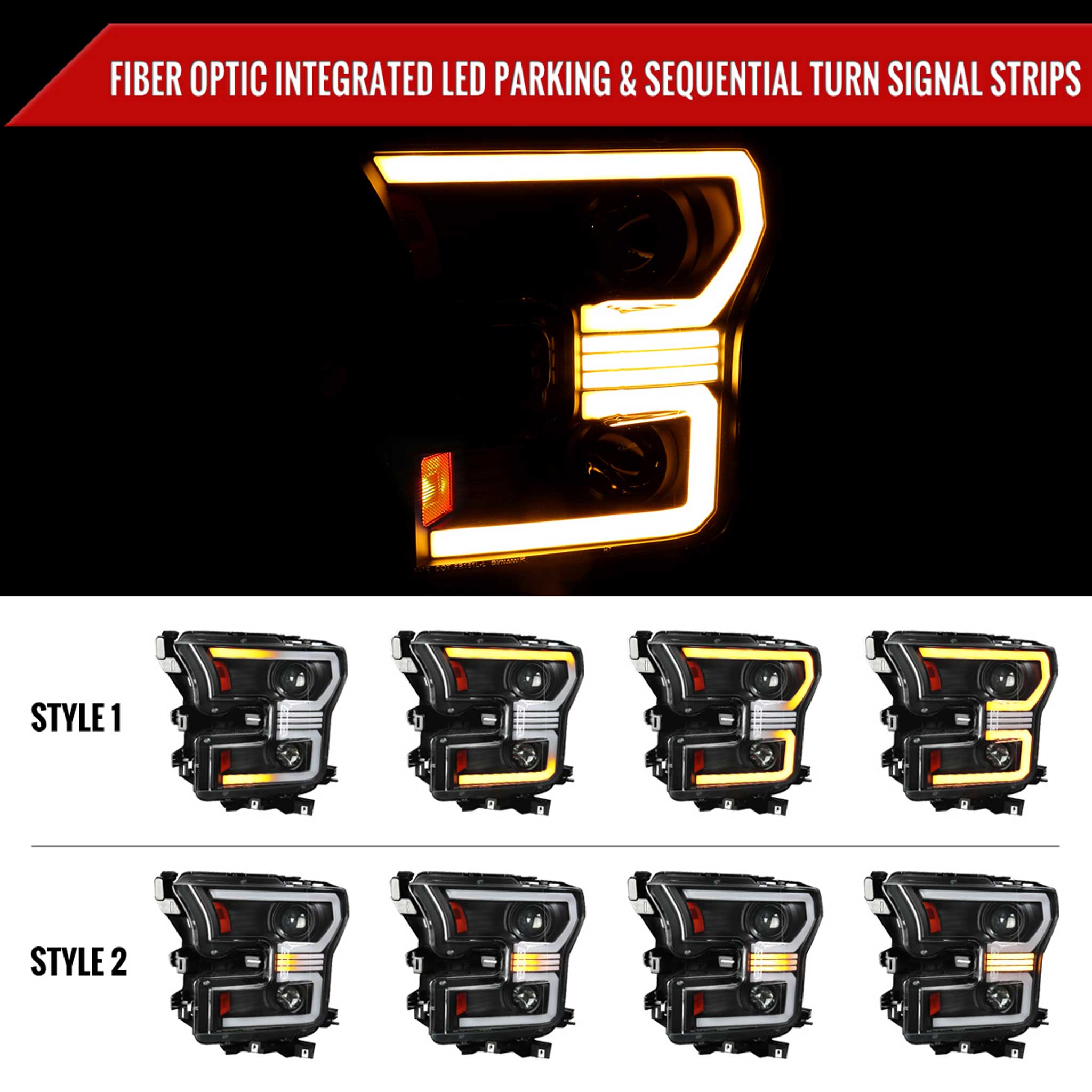 For Ford F-150 2015-2017 LED Bar Headlights Turn Signals Amber LED Pulsing Glow Black Housing Clear Lens