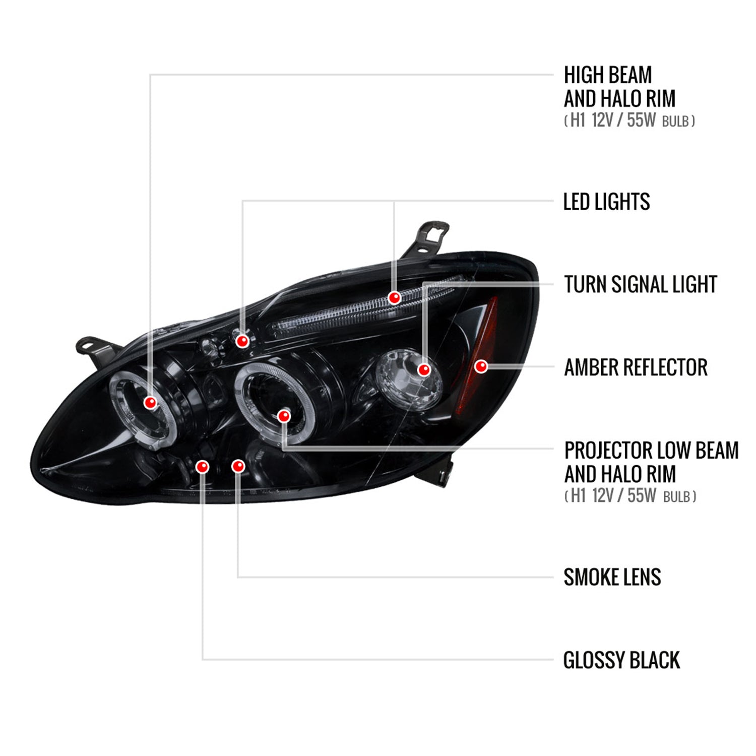 2003-2008 Toyota Corolla Dual Halo Projector Headlights Glossy Black/Smoke