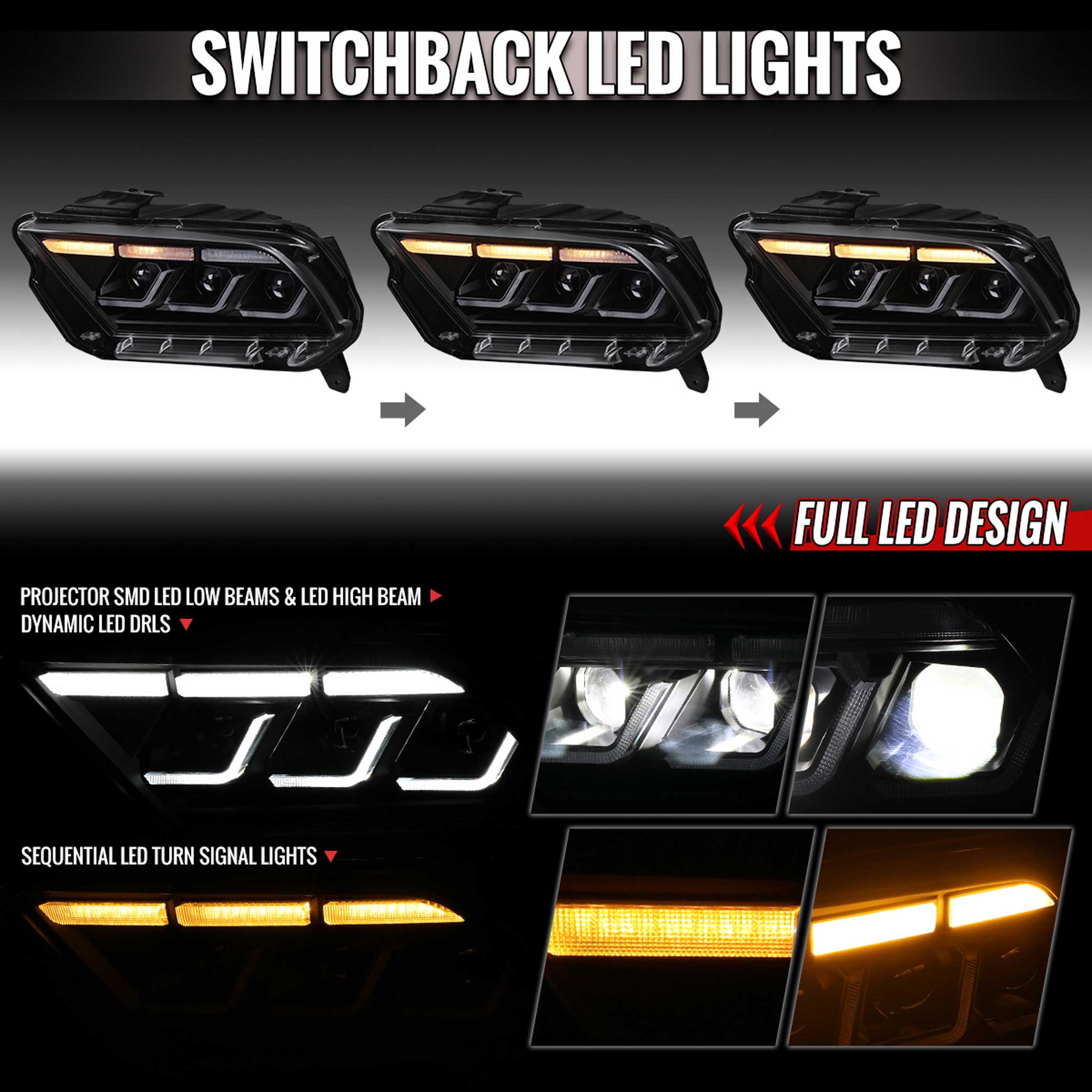 For Ford Mustang 2010-2014 Full LED Projector Headlights Sequential DRL Matte Black Clear Lens