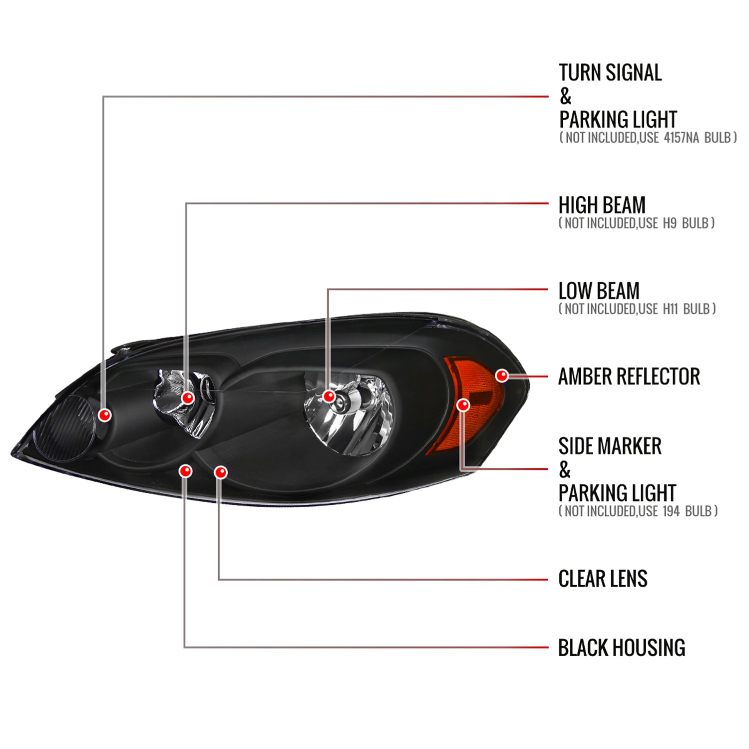 2006-2013 Chevy Impala / Impala Limited /Monte Carlo Headlights Amber & Black