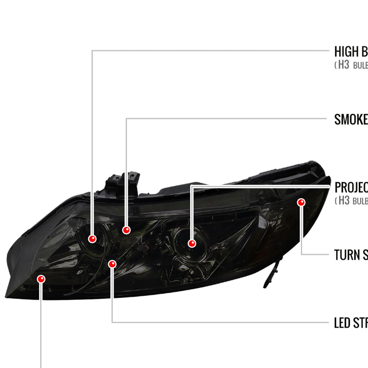 2006-2011 Honda Civic Sedan Projector Headlights R8 LED Light Chrome/Smoke