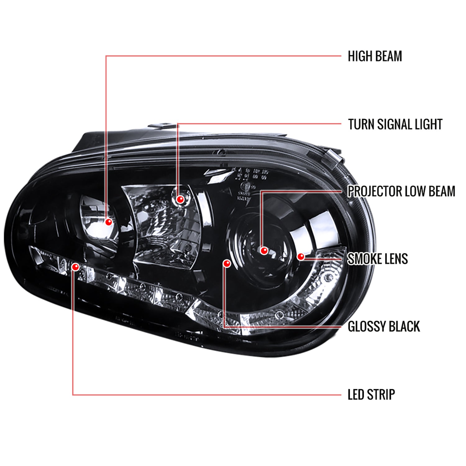 1999-2006 VW Golf Mk4 GTI/R32 Cabrio Projector Headlights R8 LED Light Smoke