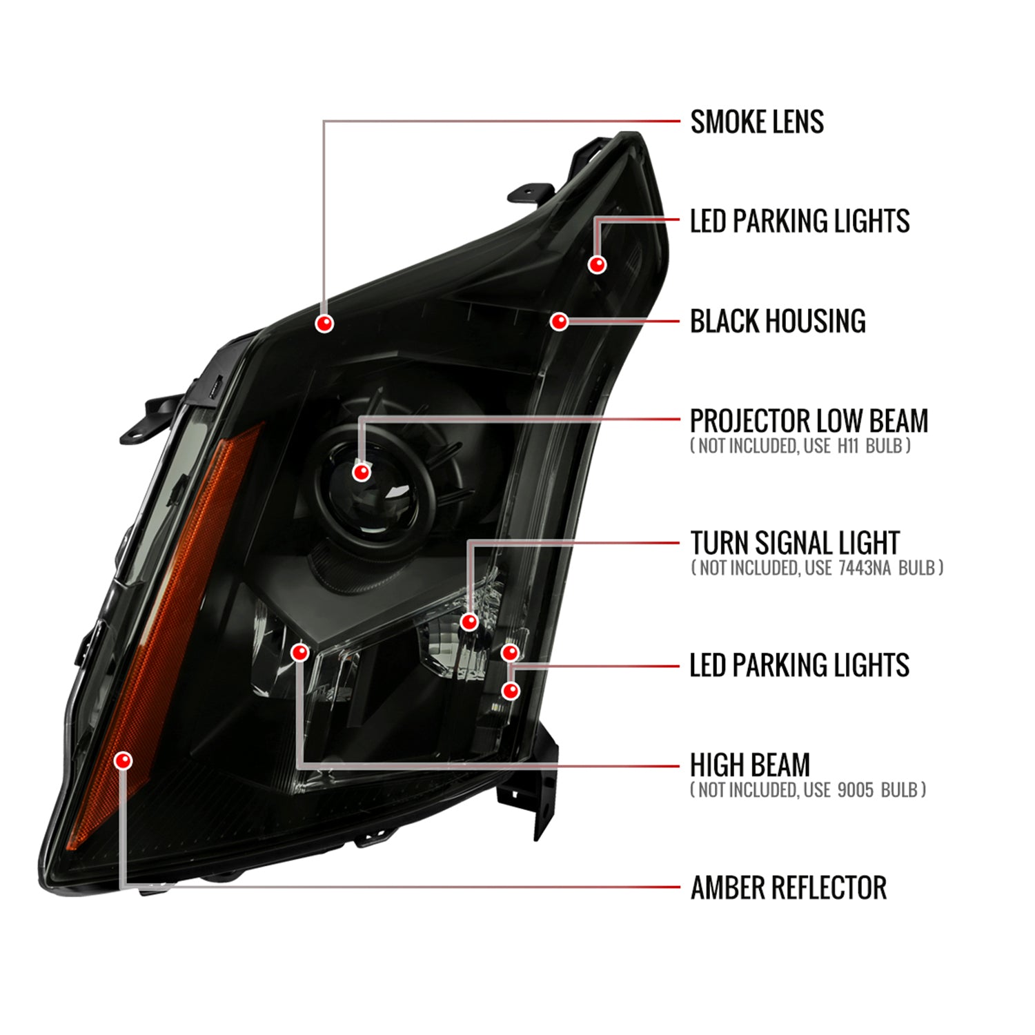 2010-2016 Cadillac SRX Projector Headlights Matte Black Housing/Smoke Lens