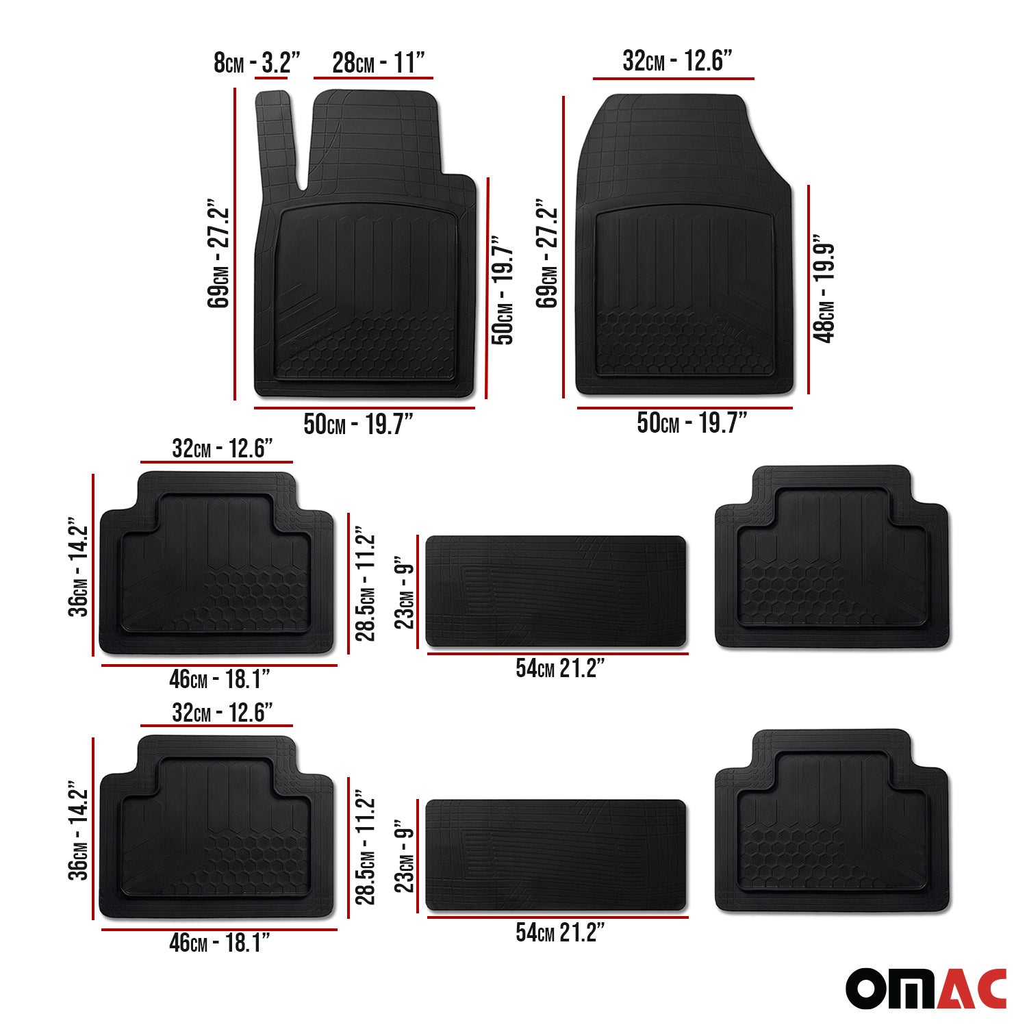 Floor Mats Liner 3-Row Car Semi-Custom fit Rubber Molded Protect 8+2 Pcs